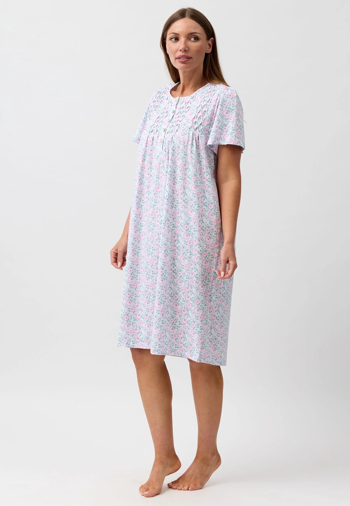 Camellia short sleeve nightie soft lavender with delicate pastel floral pattern featuring short sleeves and gathered neckline