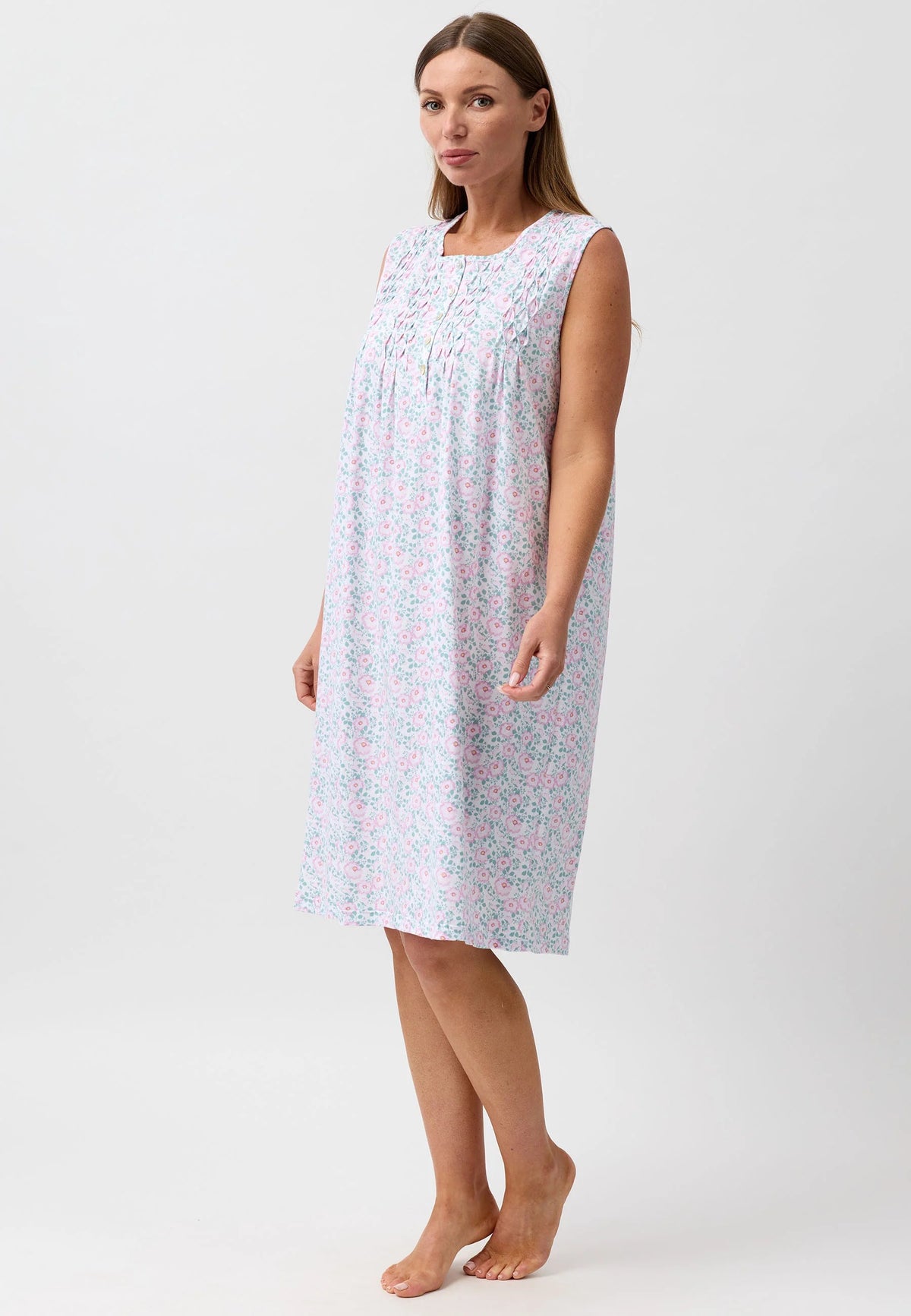 Camellia sleeveless nightie soft light blue nightgown with delicate pink and green floral embroidery on the bodice