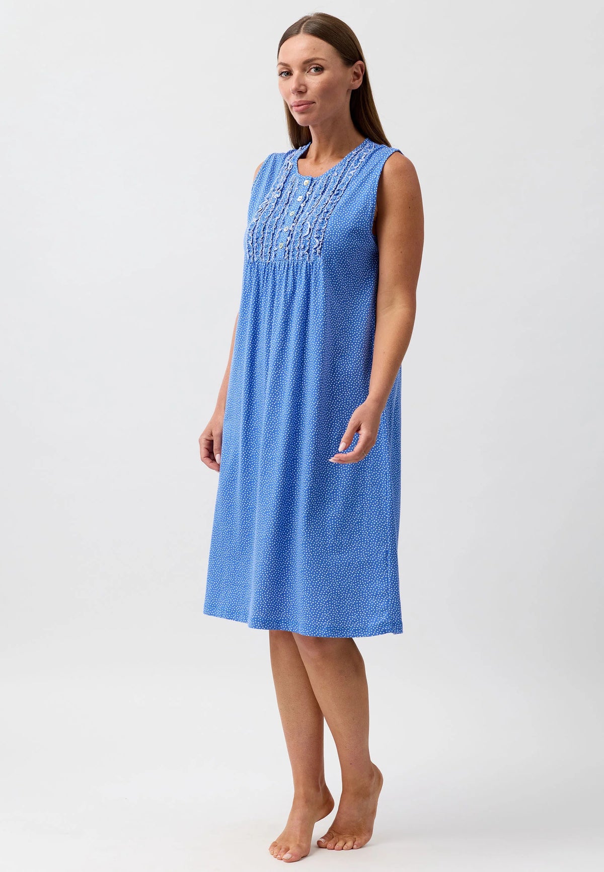 Confetti sleeveless nightie in soft blue knit with textured fabric and delicate embroidered neckline detailing