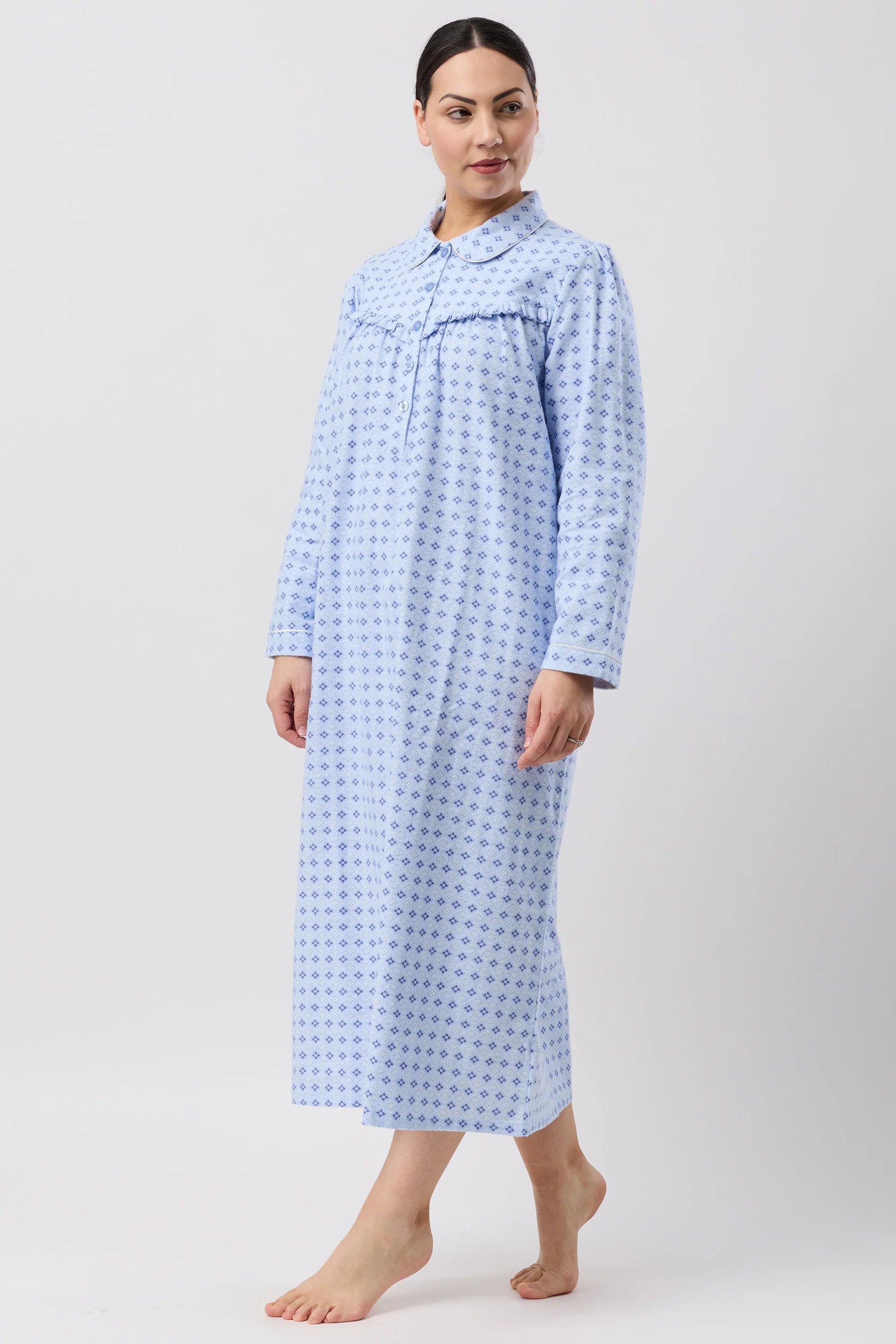 Fleur De Lys Collar Nightie in light blue with dark motifs, long sleeves, collar