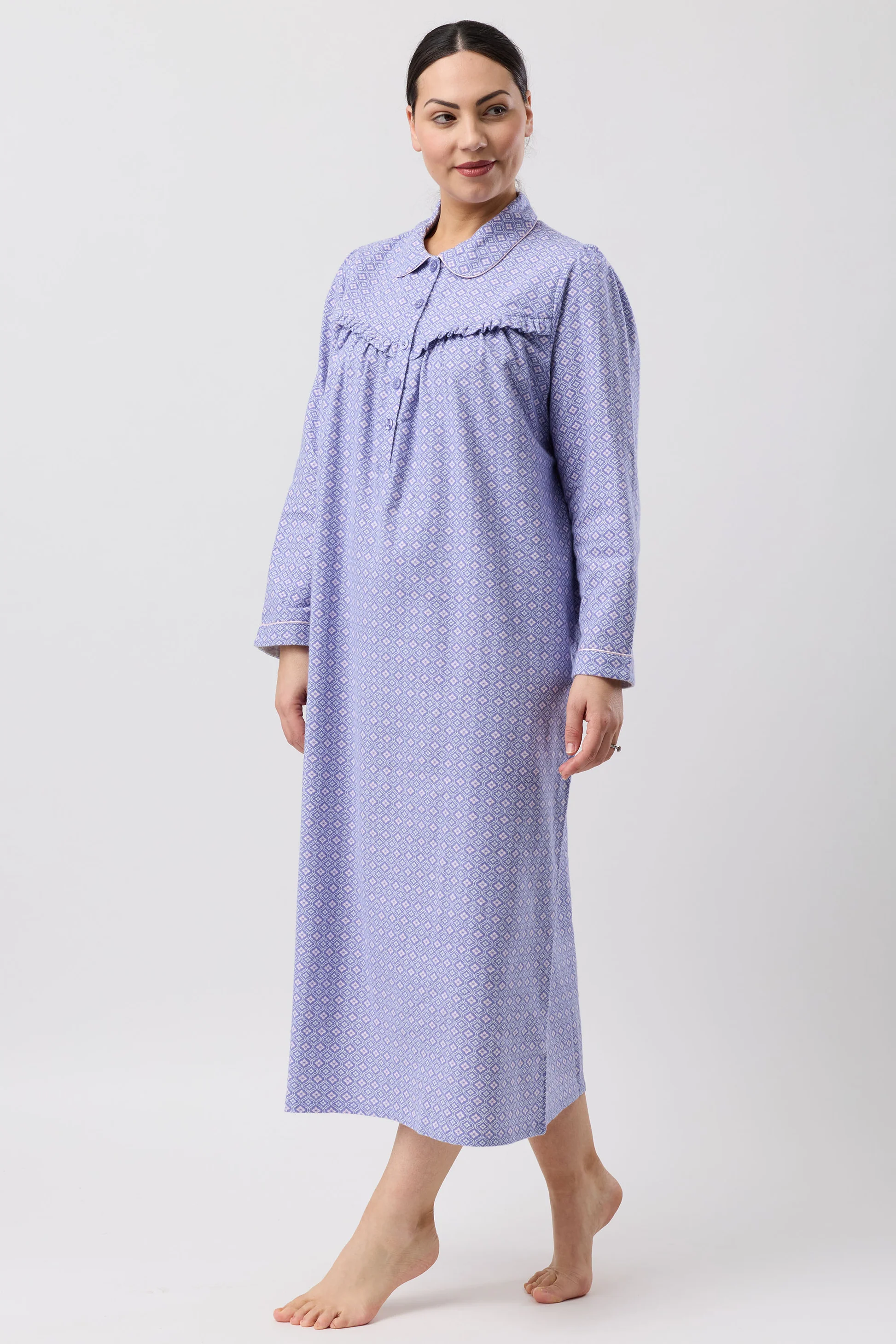 Fleur De Lys Collar Nightie in soft lavender with geometric pattern