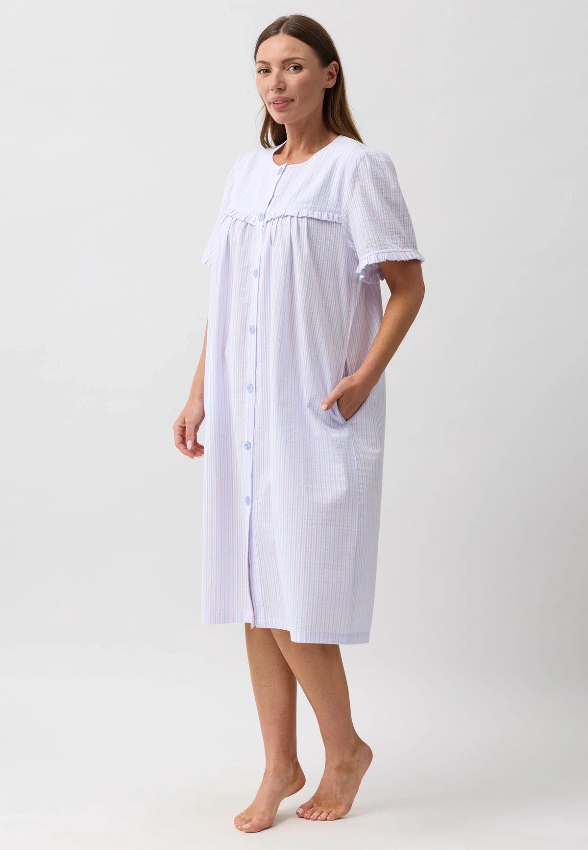 Stripe brunch coat soft light blue and white vertically striped cotton nightgown with short puffed sleeves and button front