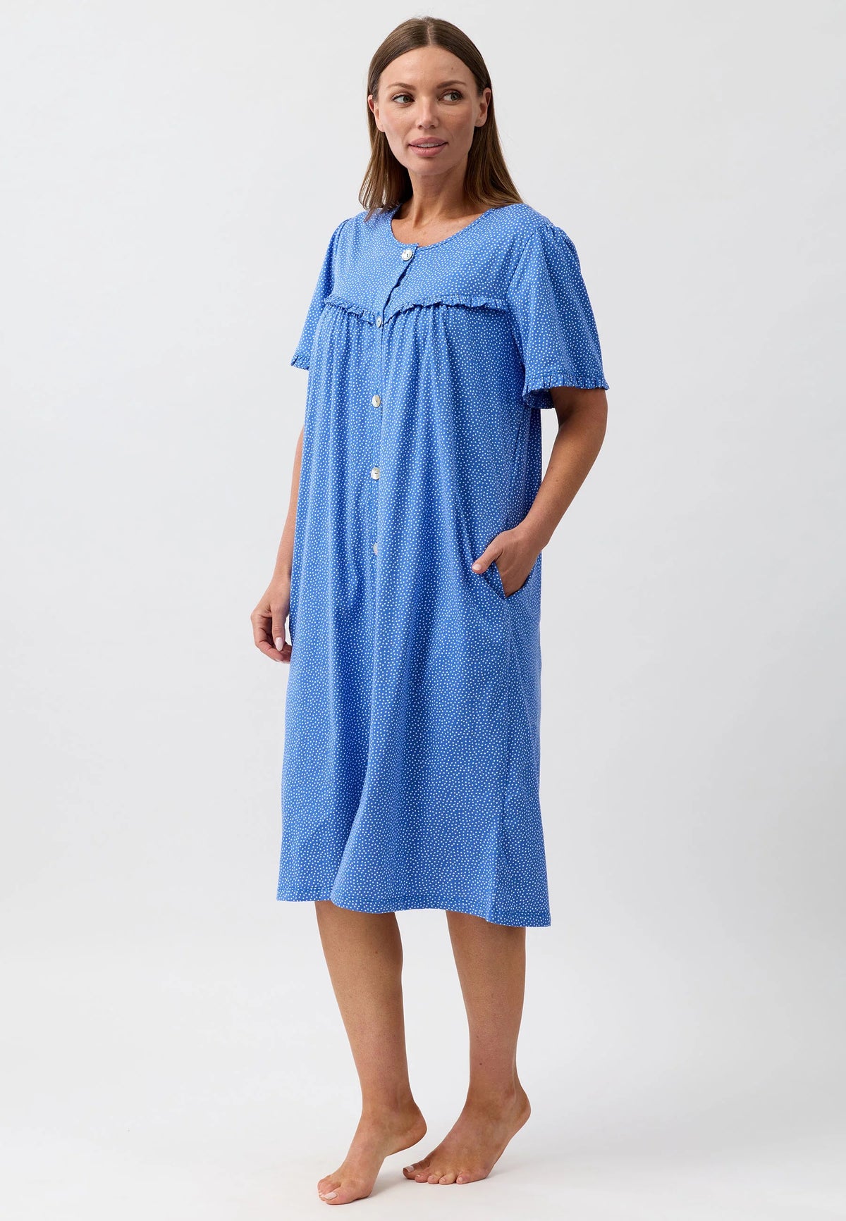 Confetti Brunch Coat blue nightgown with subtle pattern short sleeves and button front design