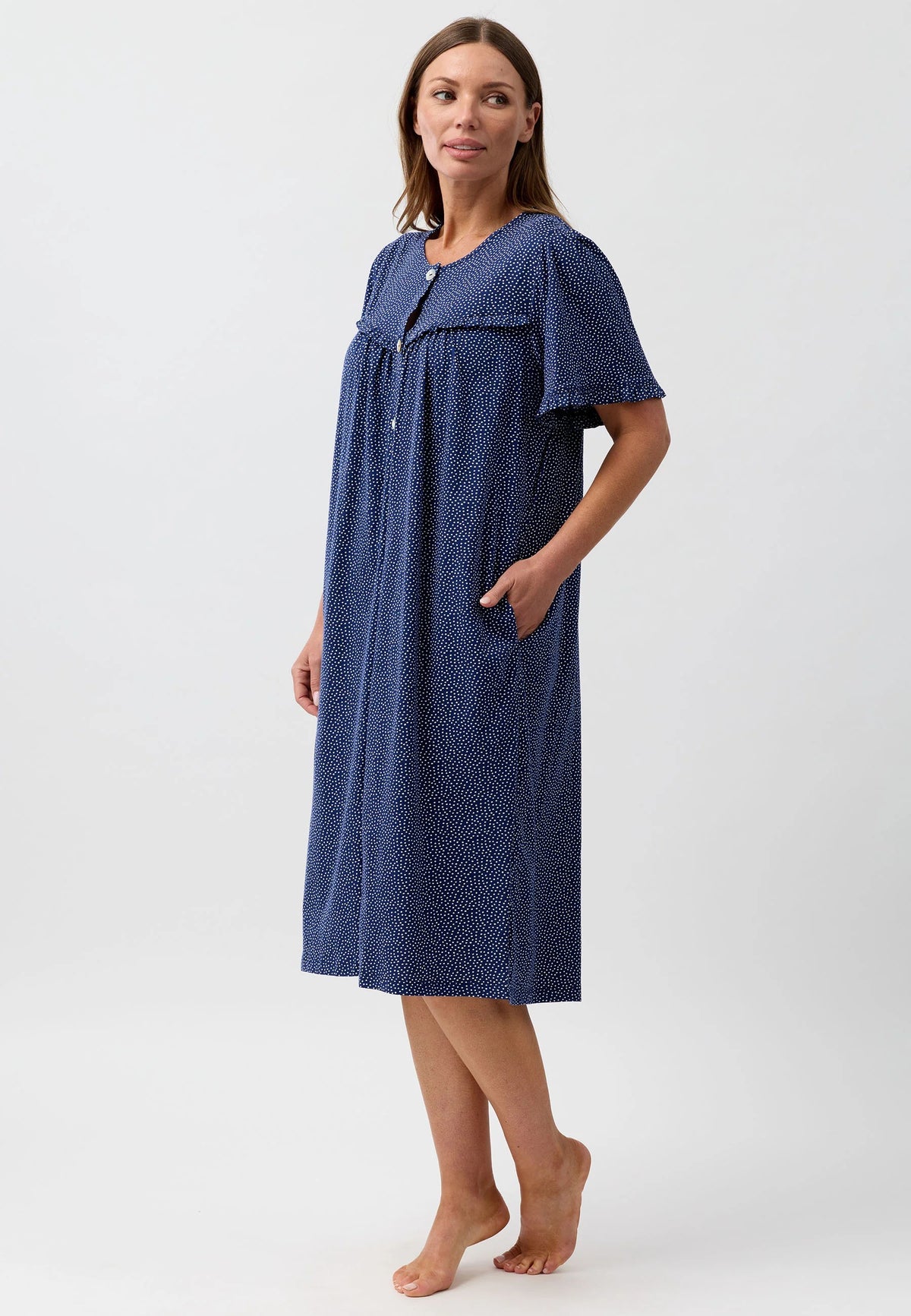 Confetti brunch coat navy blue nightgown with white polka dots flutter sleeves and relaxed fit