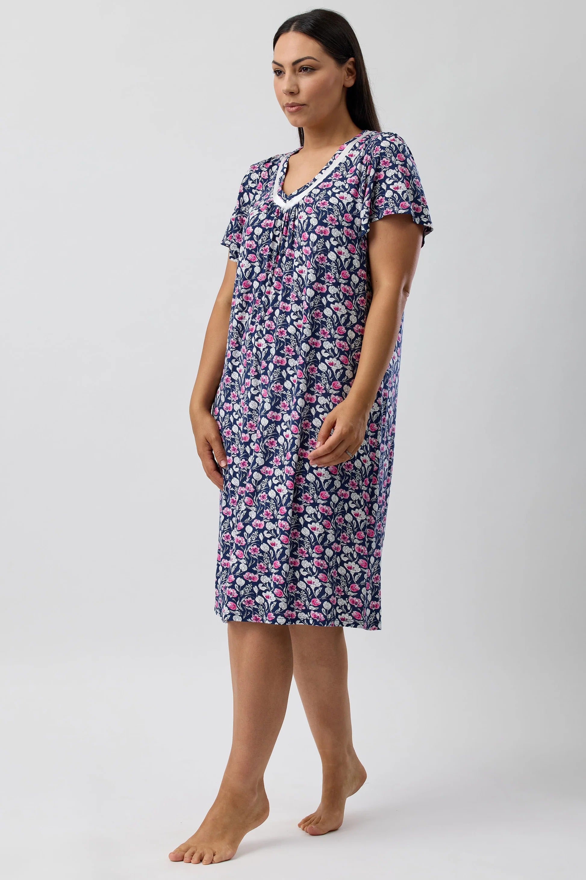 Camillia Nightie: navy blue gown with pink white floral pattern, flutter sleeves, v-neck