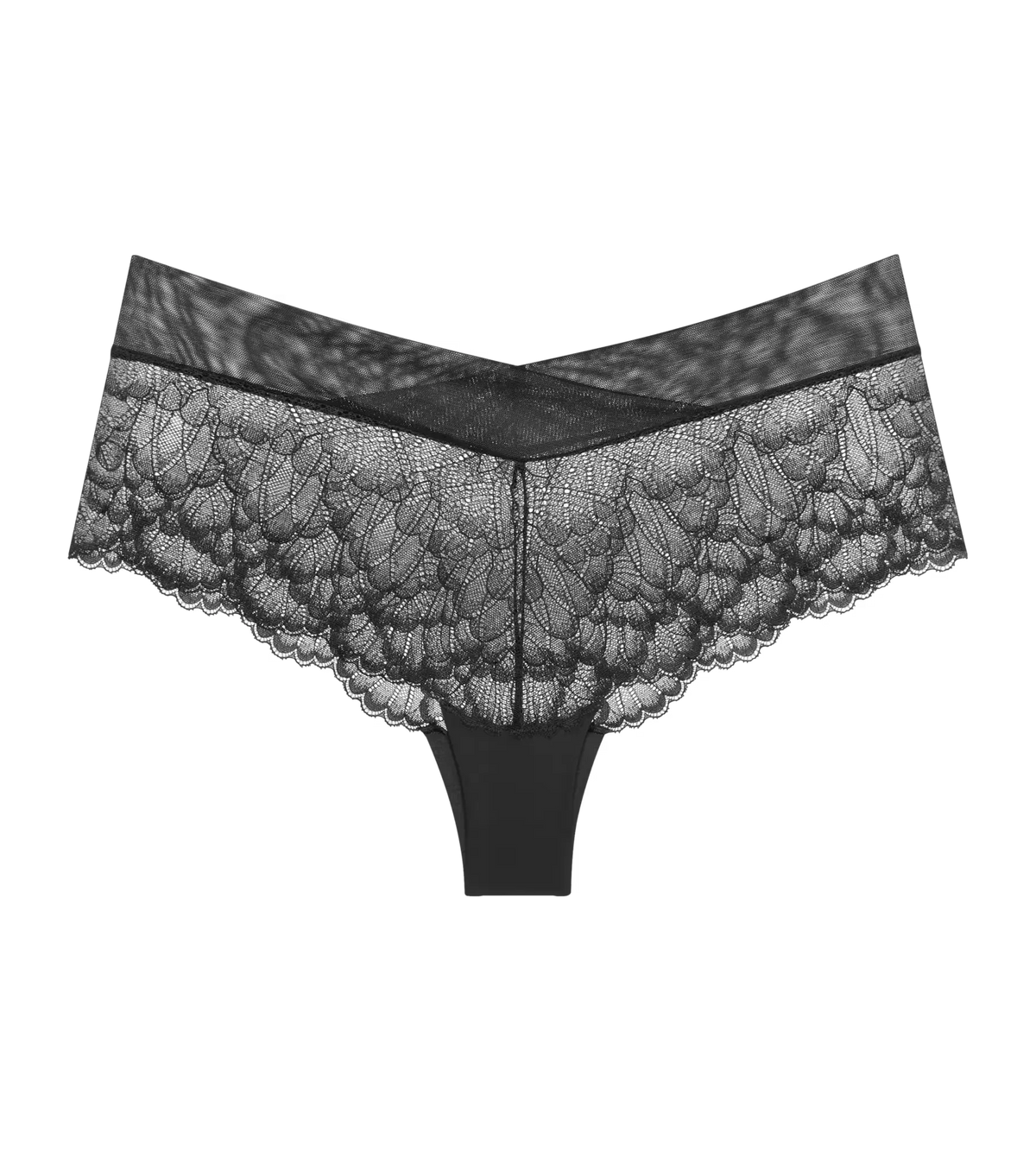 Love in Lace shorty black lace thong with intricate floral patterns and solid black waistband front view