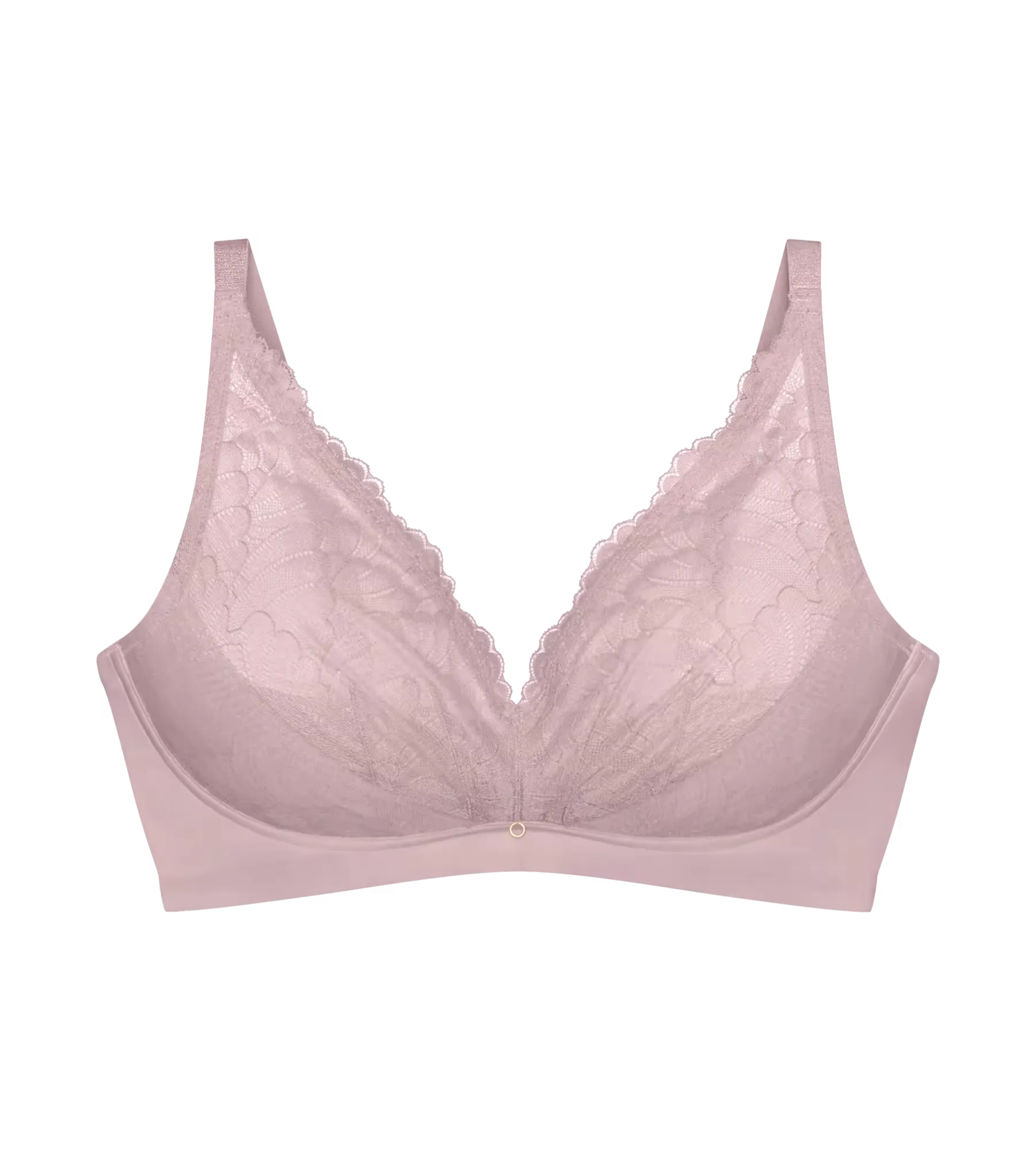 Delicate blush pink lace love in lace bra with soft seamless design and scalloped edges for comfortable wear