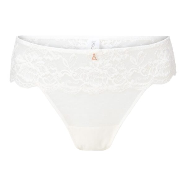 Ivory Illusion Thong: white lace-trimmed thong with floral pattern