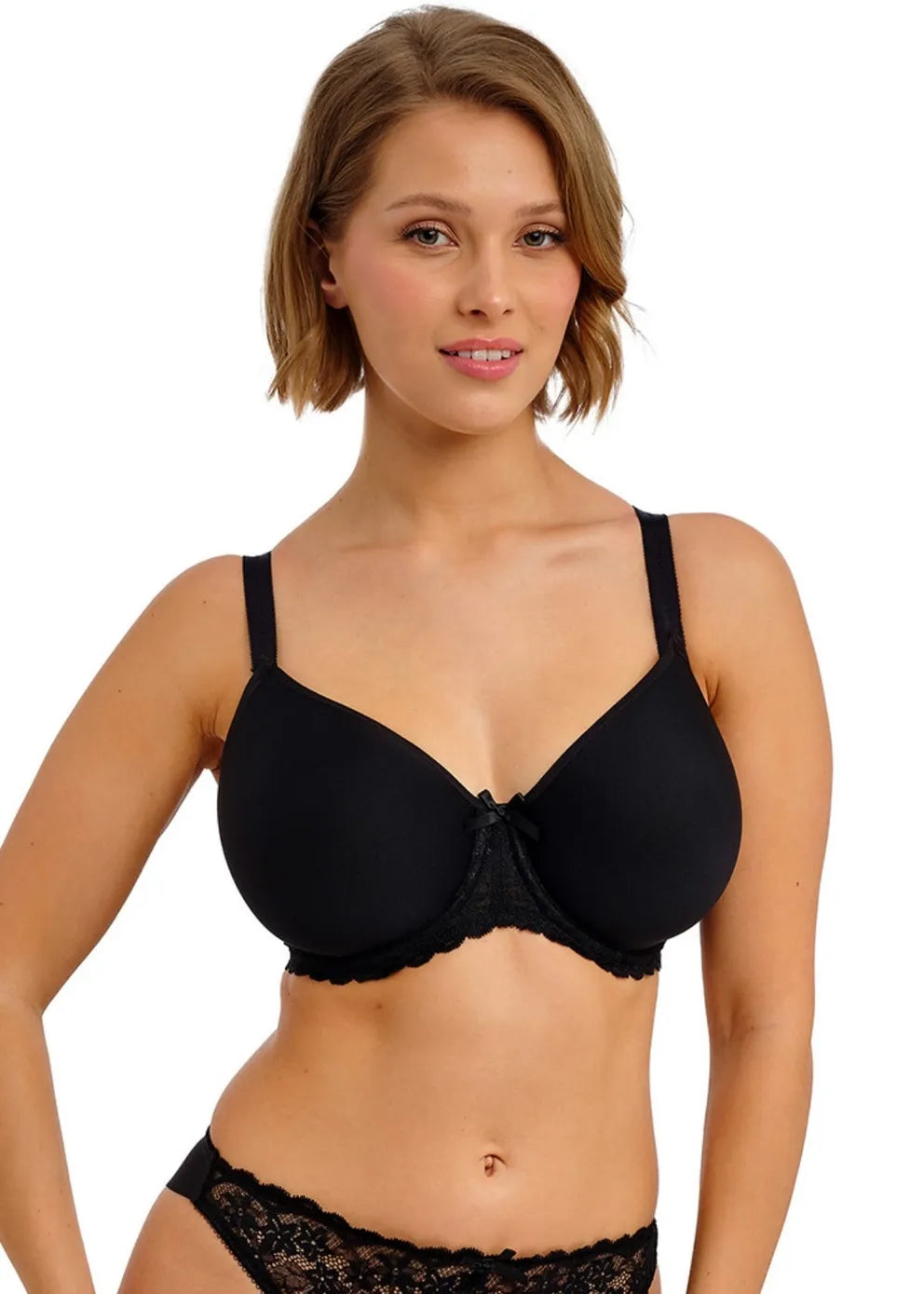 Black Quinn Cameo Uw moulded spacer bra with underwire lace trim and central bow detail