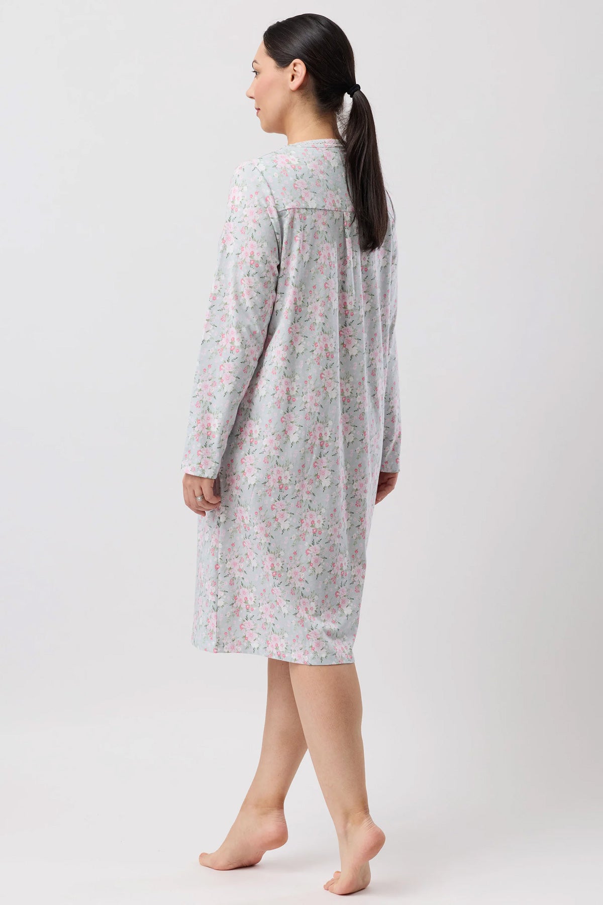 A soft gray bouquet crochet nightie with delicate pink floral pattern long sleeves and relaxed fit for comfortable wear