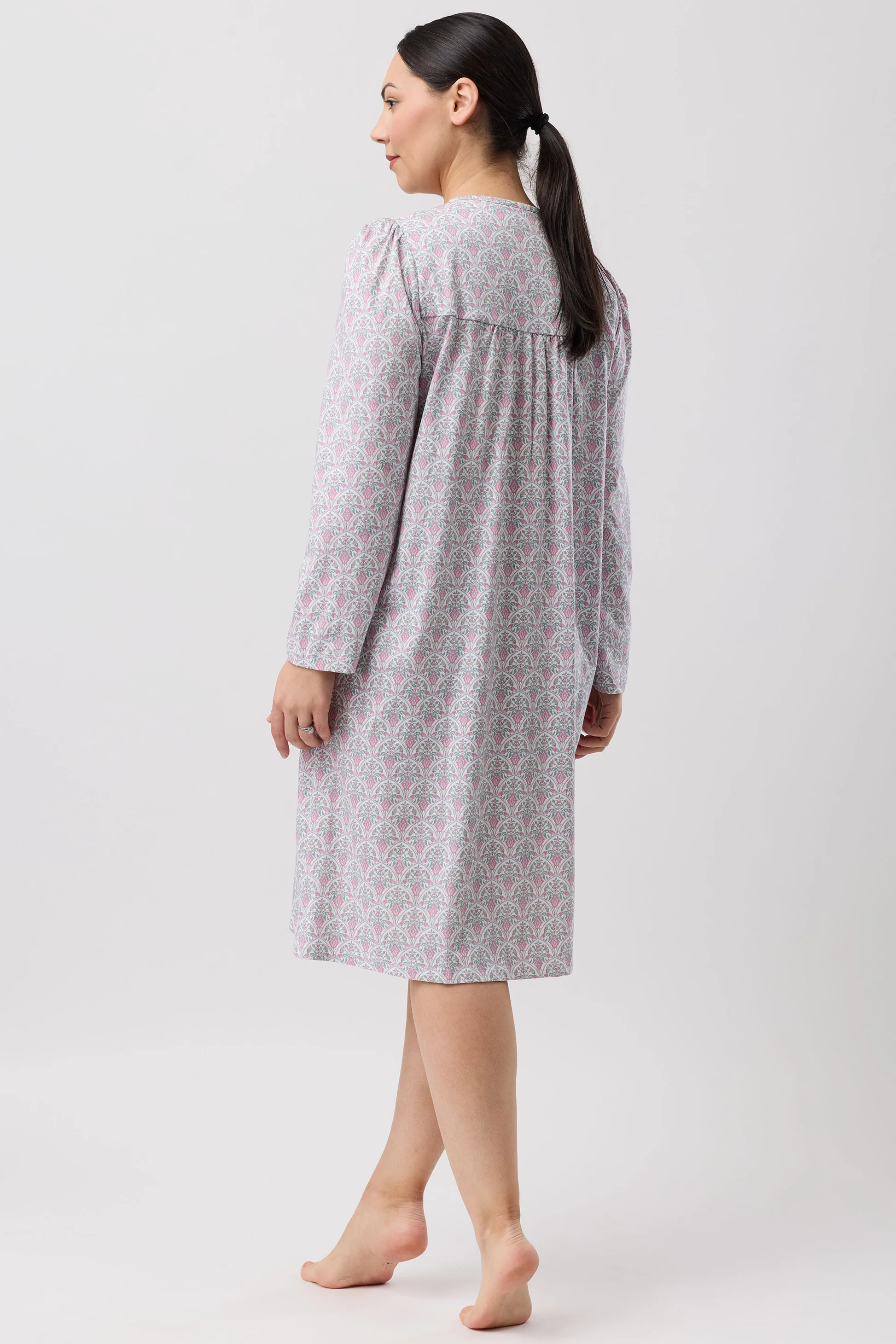 Oriental Smock Nightie: soft lavender gown with muted pink gray floral pattern