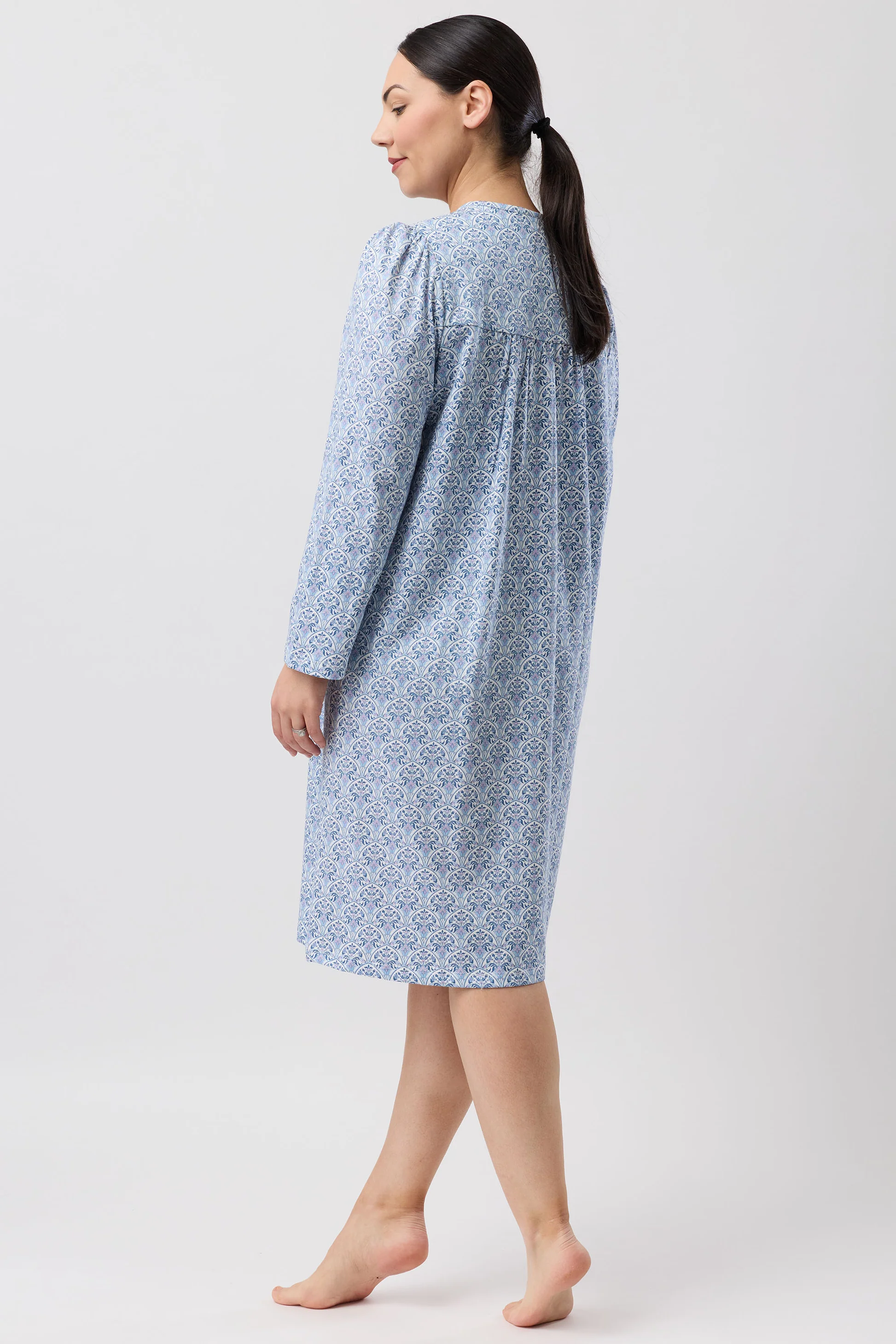 Oriental Smock Nightie: light blue geometric pattern long sleeve gown