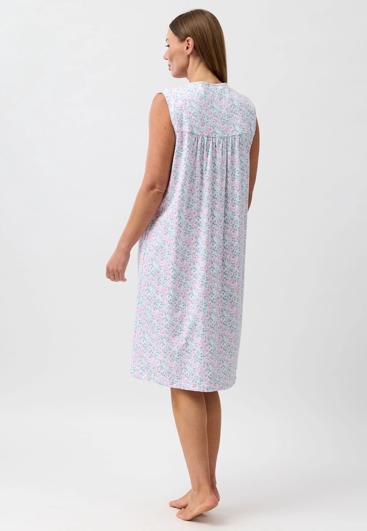 Camellia sleeveless nightie soft pastel floral nightgown with pink and blue blossoms on pale lavender fabric