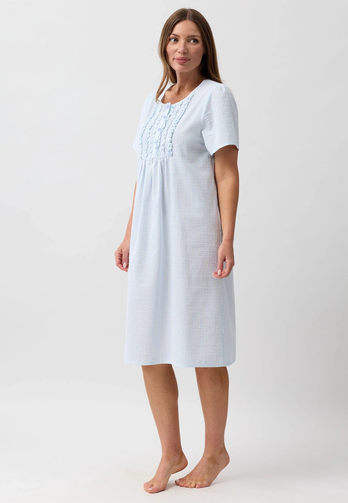 A light blue and white striped nightie with short sleeves and embroidered round neckline in a relaxed fit