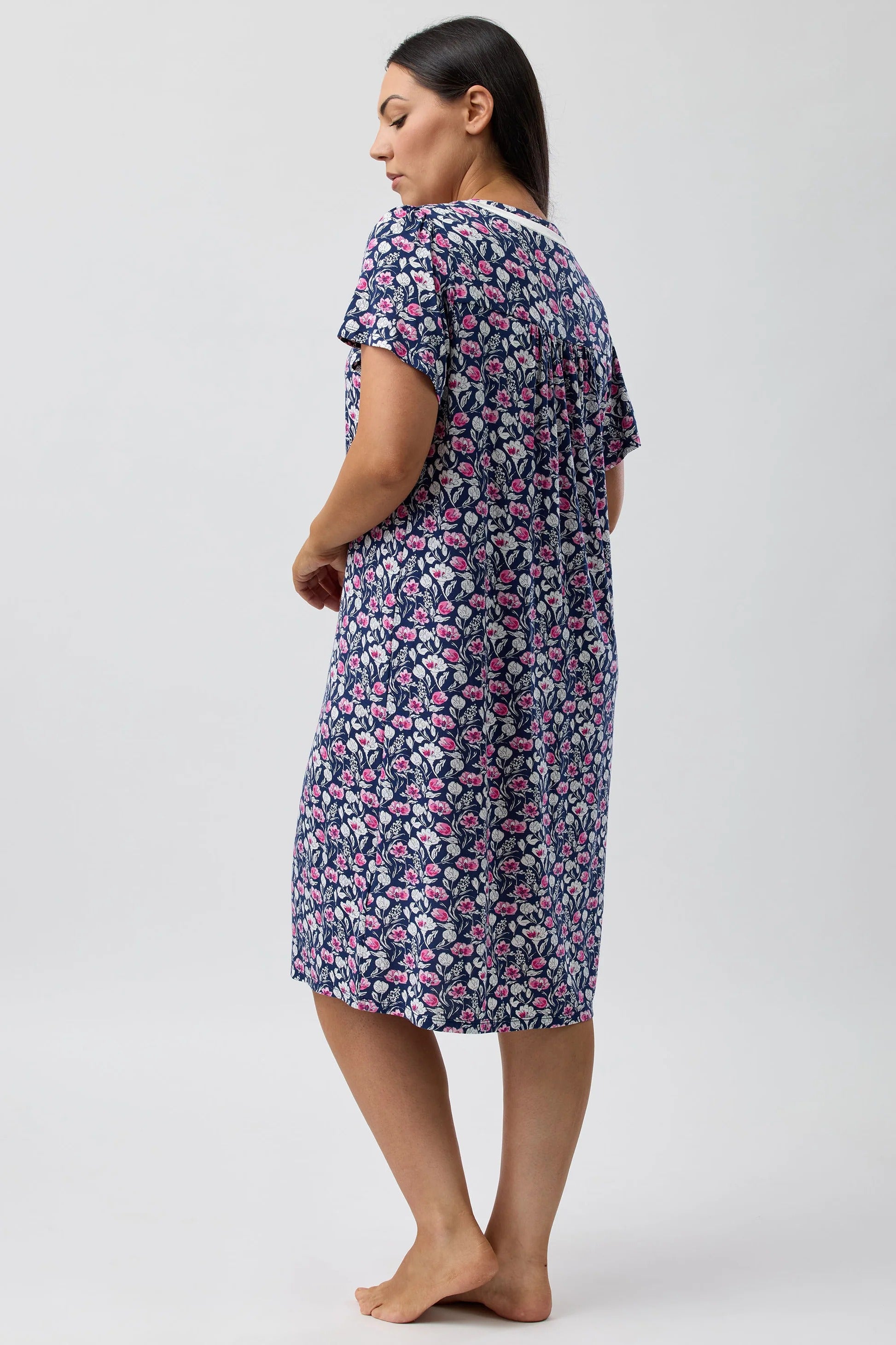 Camillia Nightie: navy blue floral nightgown with pink white pattern