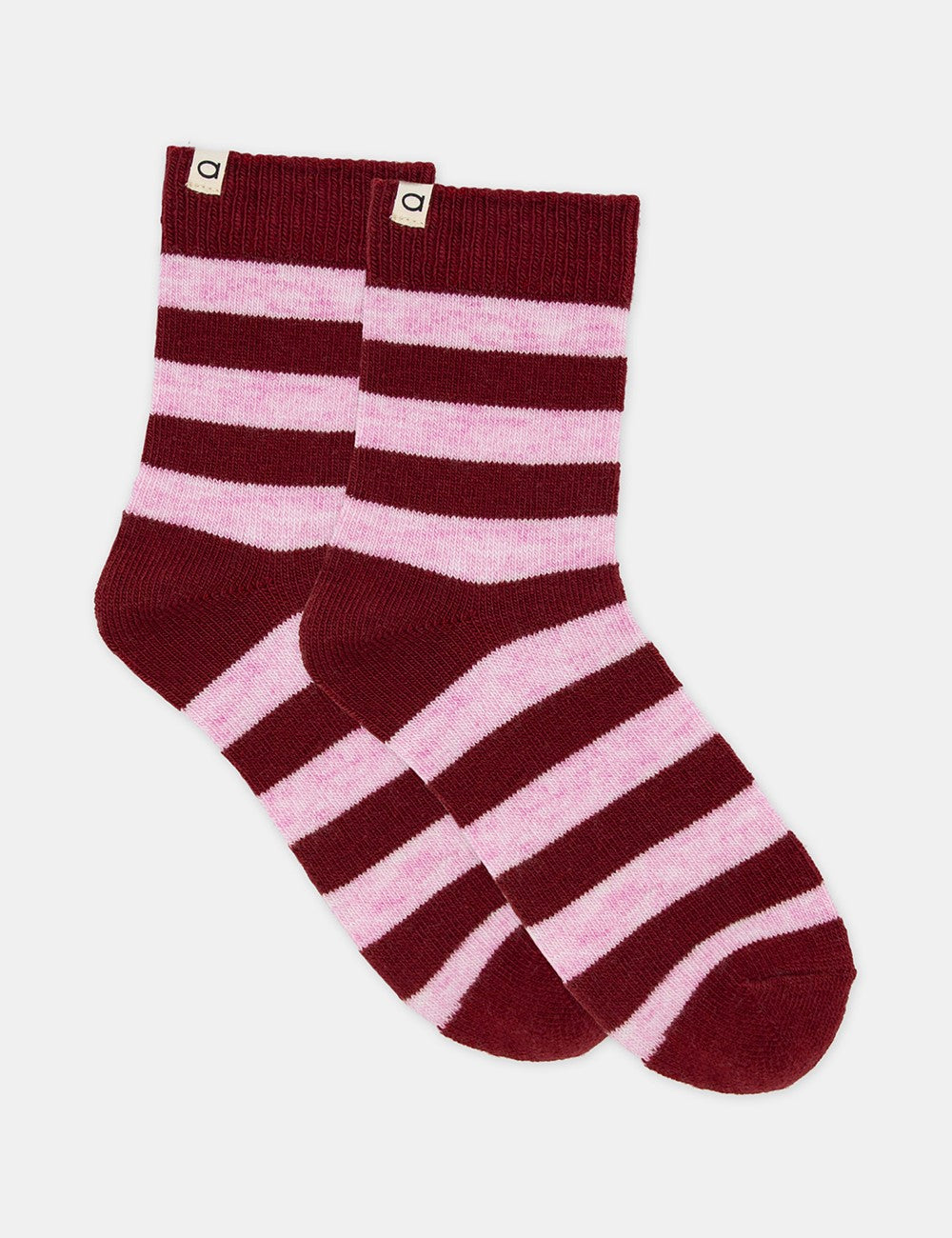 Winter Stripe Crew Sock in maroon and light pink horizontal stripes