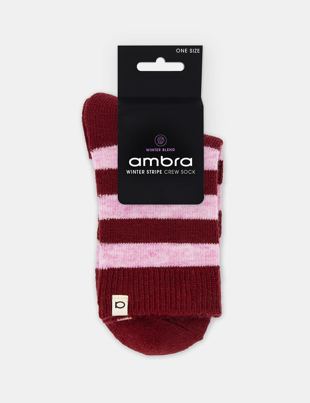 Ambra winter stripe crew sock in maroon pink stripes ribbed cuff