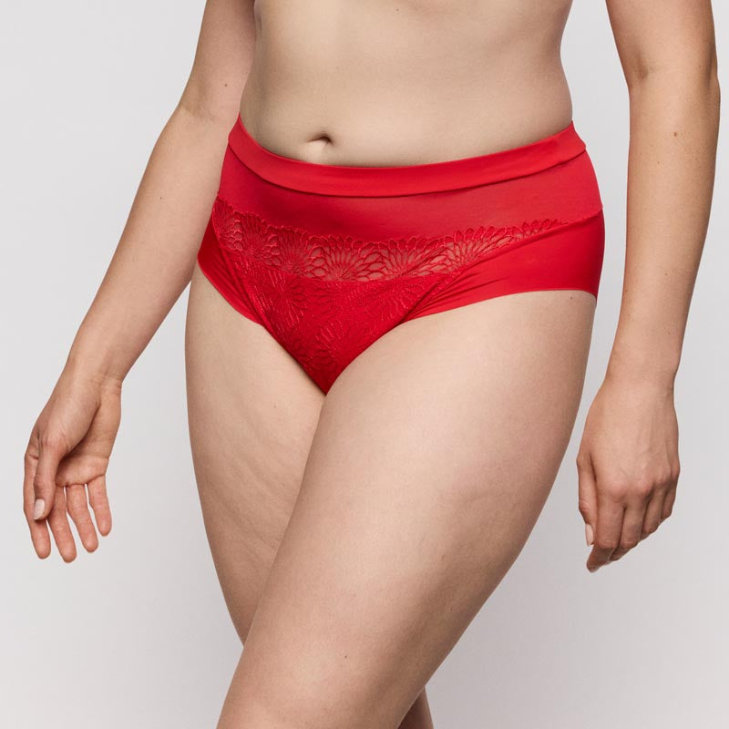 Red high-waisted sophora full brief featuring floral lace detailing on the front in soft breathable fabric