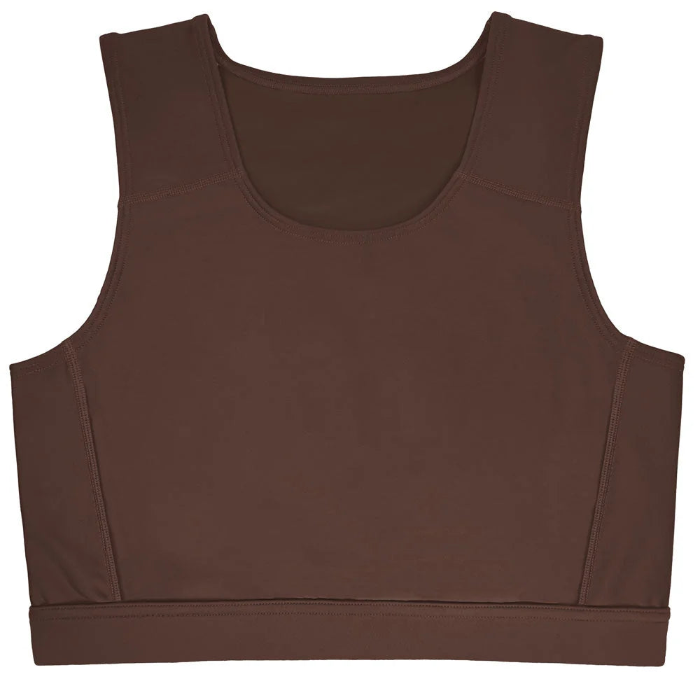 A sleek solid brown compression top sports bra with a scoop neckline and seamless construction