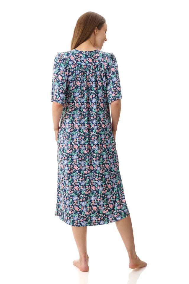 A navy blue tammy brunch coat nightgown with pink and mint floral pattern, short sleeves, and gathered neckline