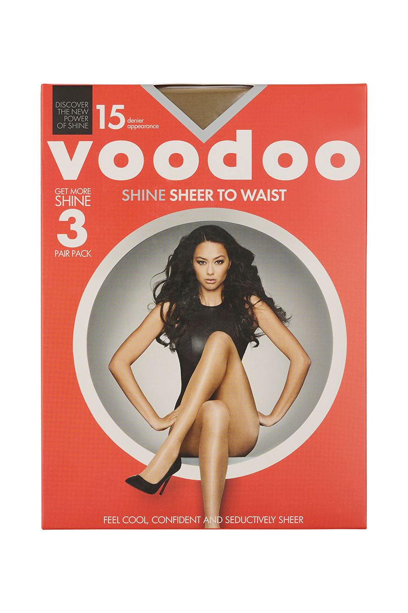 Voodoo Shine Sheer To Waist 3PK hosiery in red box with model in black heels