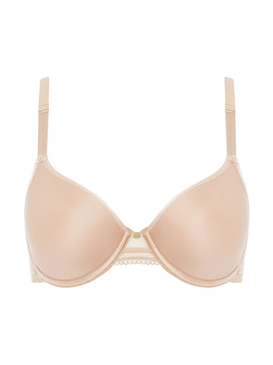 Beige satin c jolie comfort convertible t-shirt bra with underwire lace trim and adjustable straps