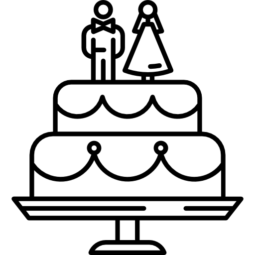 Line drawing of a wedding cake with two figures on top