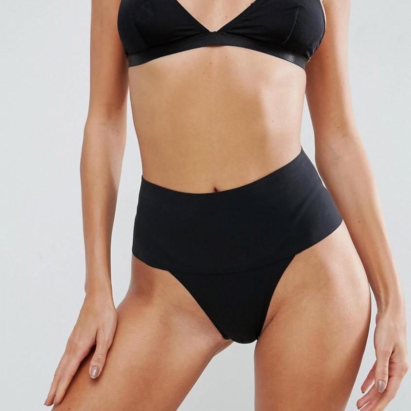 Black Undie-tectable Thong high-waisted bikini bottom with stretchy fabric