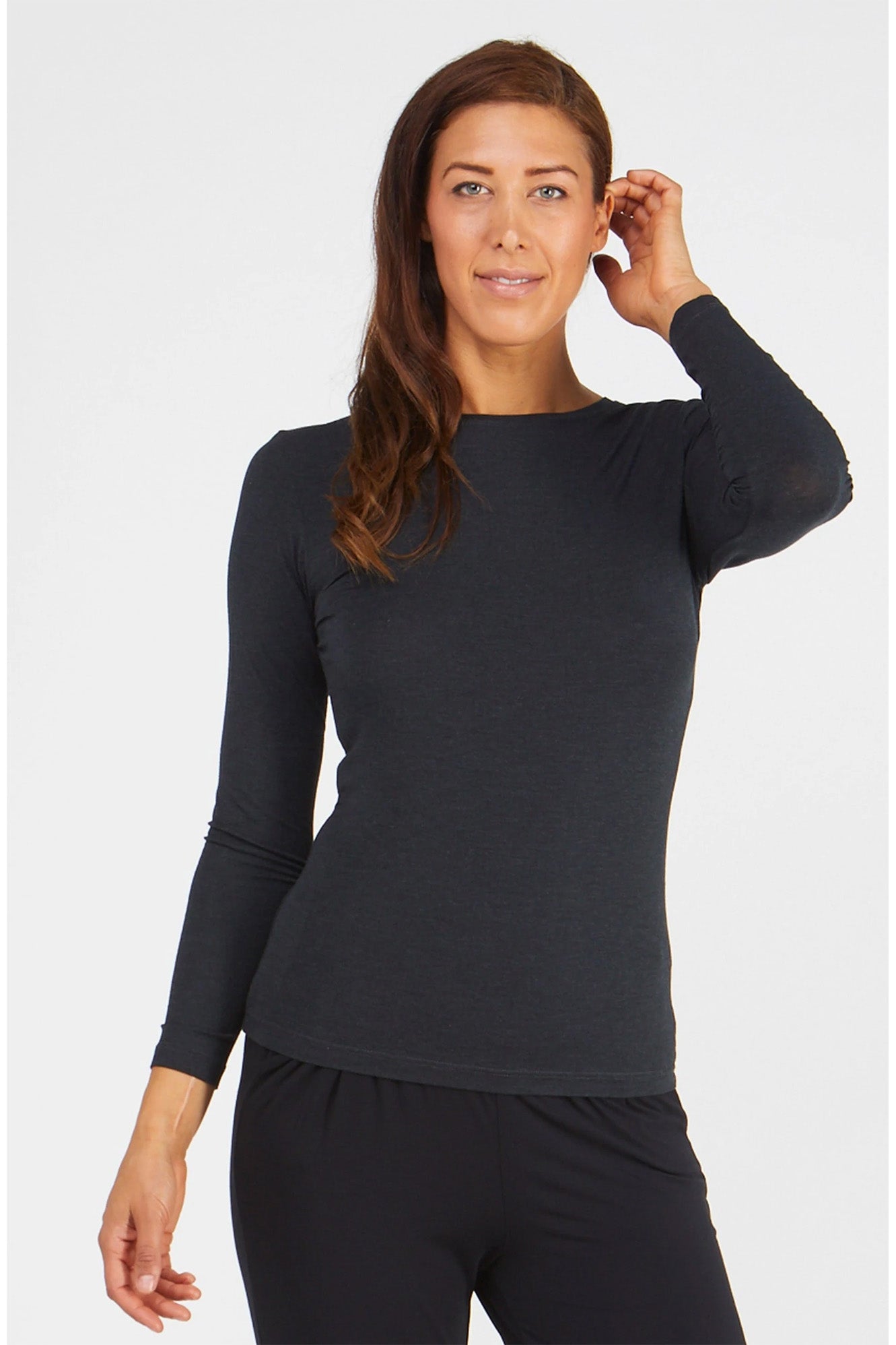 Woman wearing Tani 79276 High Neck Long Sleeve in graphite