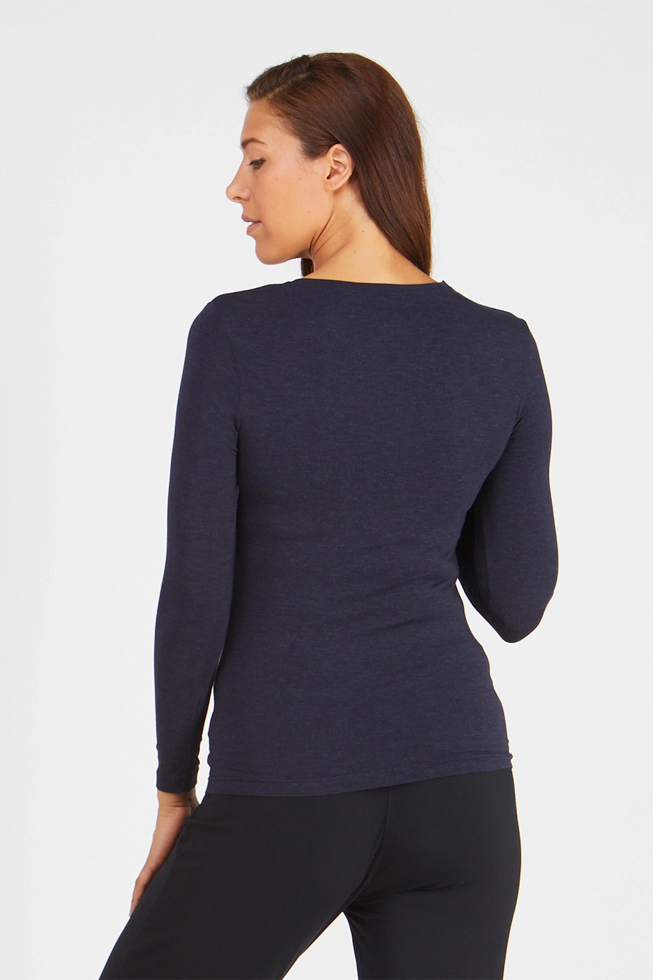 Woman wearing Tani 79276 High Neck Long Sleeve in midnight back view
