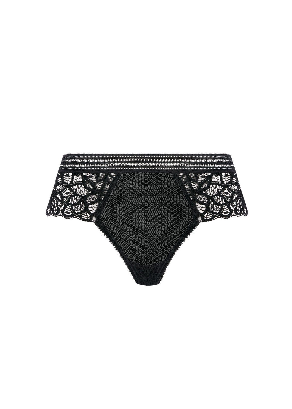 Raffine Tanga black lace-trimmed high-waisted briefs with mesh panel
