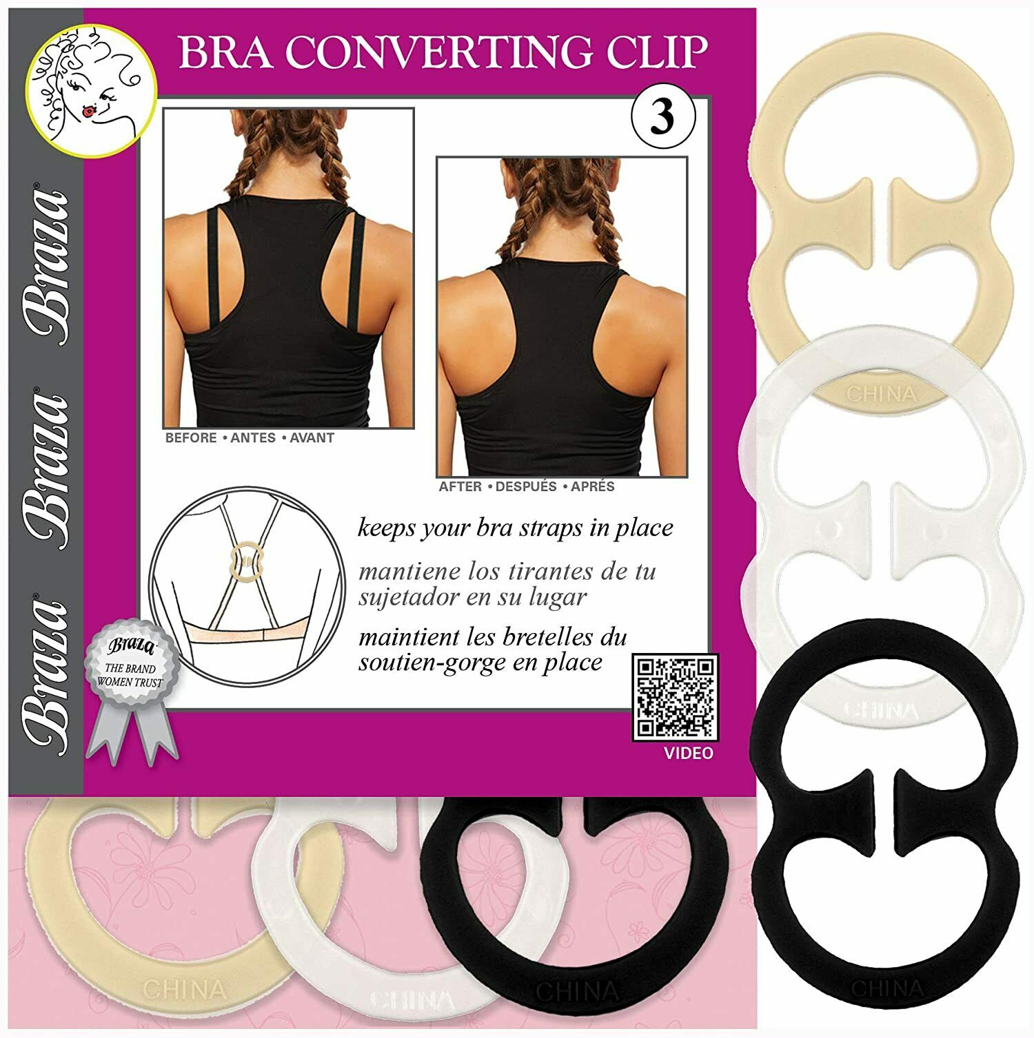 Braza Bra Converter Clip - 3 Pack BRACCLIP - Straps & Converters Black / Nude / Clear / One Size Available at Illusions Lingerie