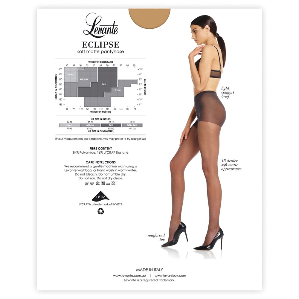 Levante Eclipse soft matte pantyhose in sheer light brown, 13 denier with reinforced toe