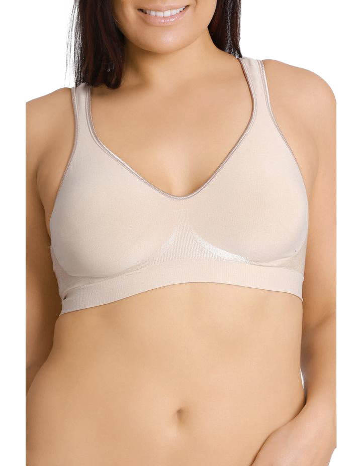 Beige wireless Comfort Revolution Non-Padded Wirefree bra with silver trim