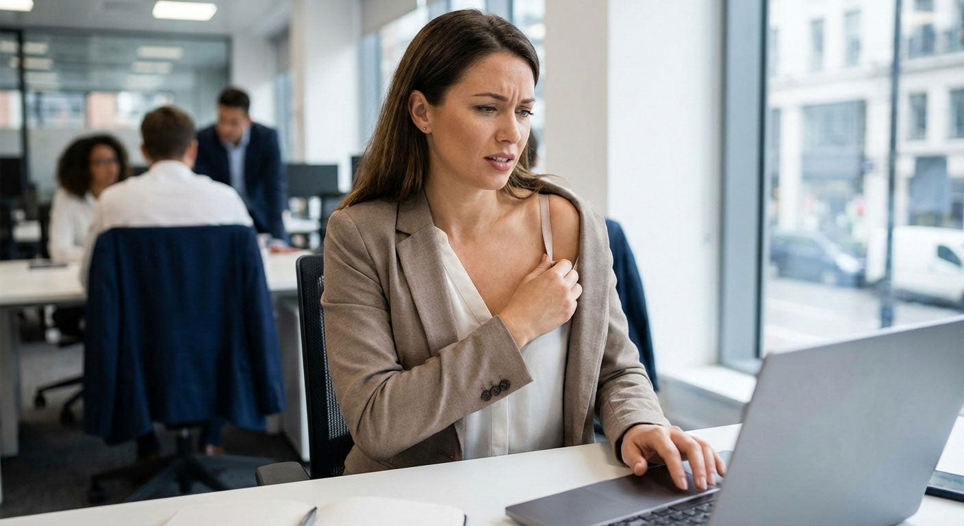 Woman sitting in an office behind her laptop adjusting her bra straps from slipping