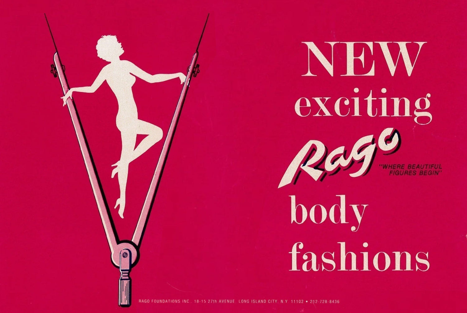 A stylized white silhouette of a woman balances on an oversized pink zipper against a red background in a vintage glamour shapewear article