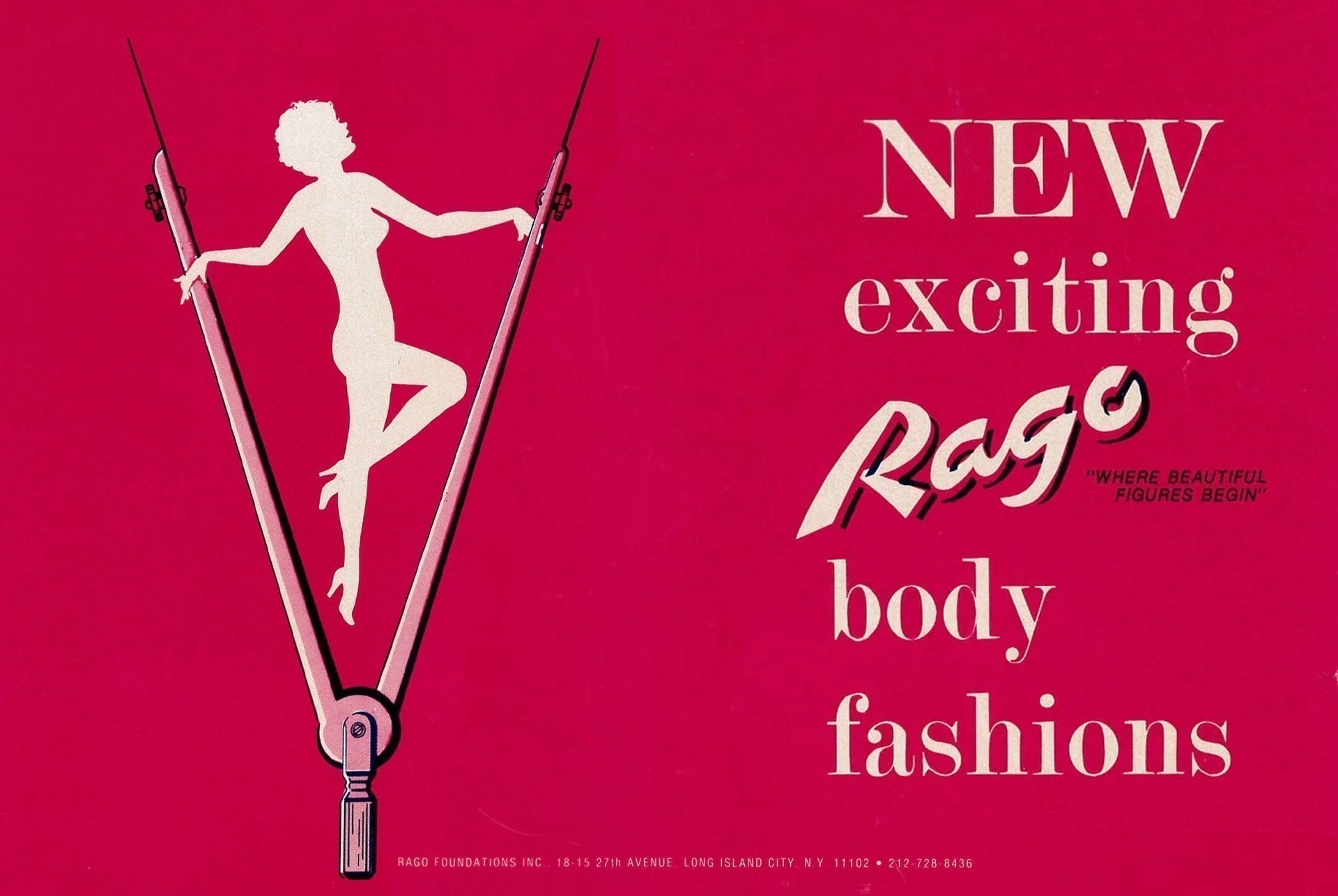 A stylized white silhouette of a woman balances on an oversized pink zipper against a red background in a vintage glamour shapewear article