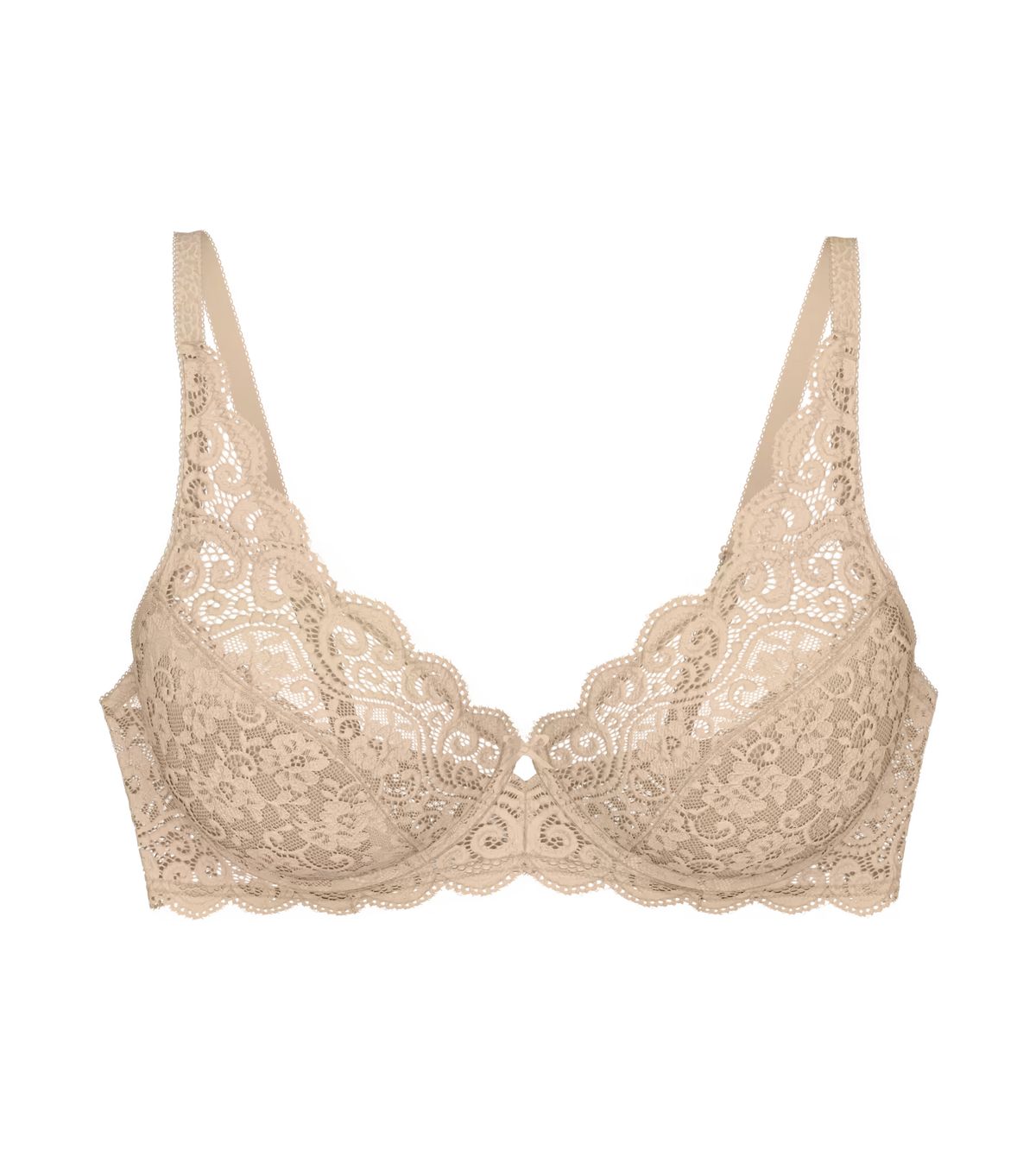 Beige lace amourette w bra with intricate floral patterns and thin straps for elegant everyday wear