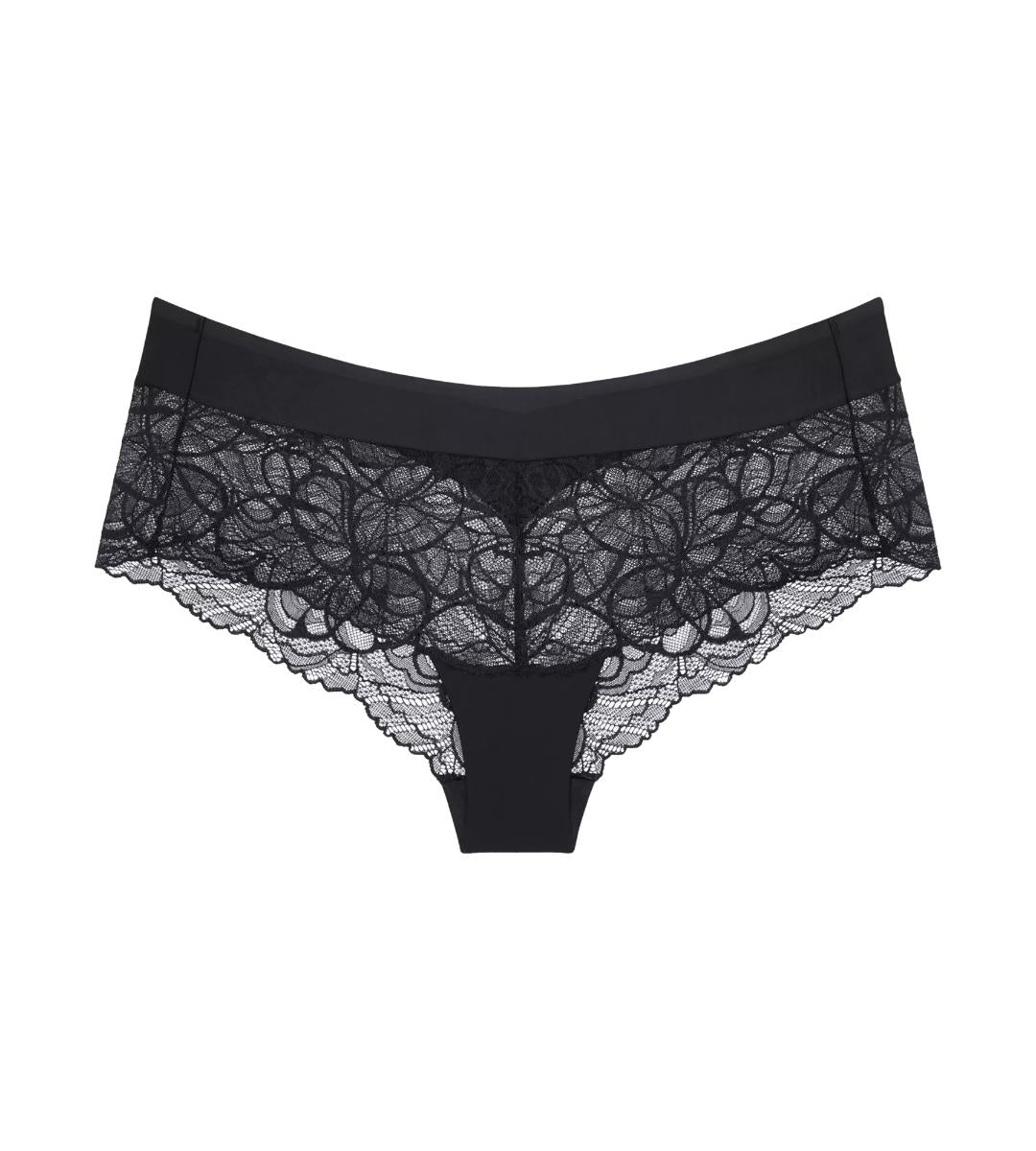 Black lace-trimmed illusion lace shorty briefs with smooth elastic waistband