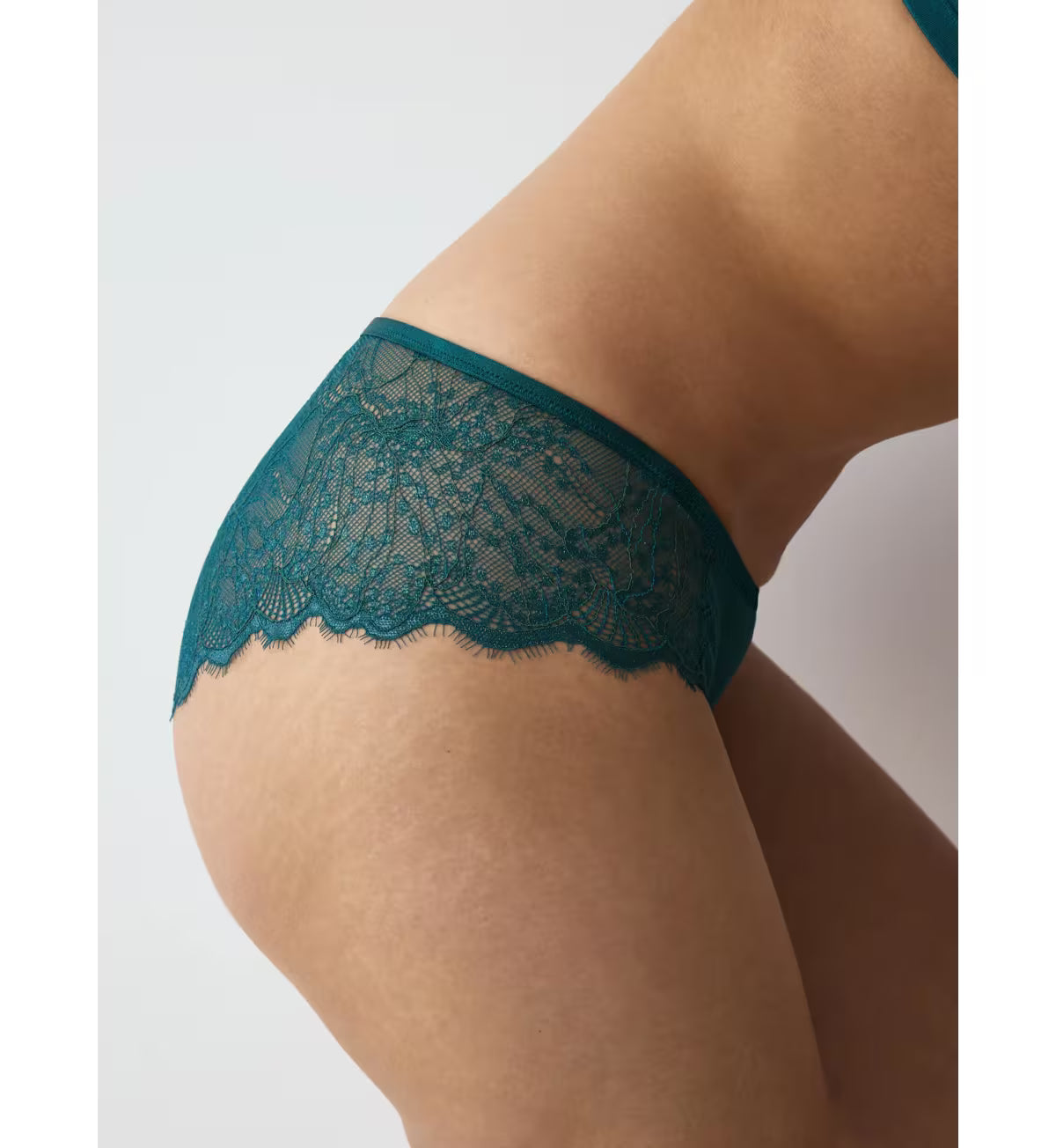 Teal Amourette Sparkle hipster lace briefs with scalloped edge and delicate floral pattern front view