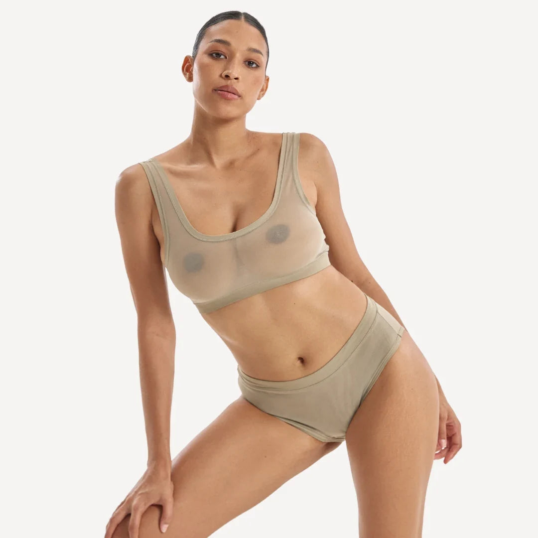 Beige sheer mesh bra with subtle gray circular patterns and matching high waisted briefs in everybody tuck brief set