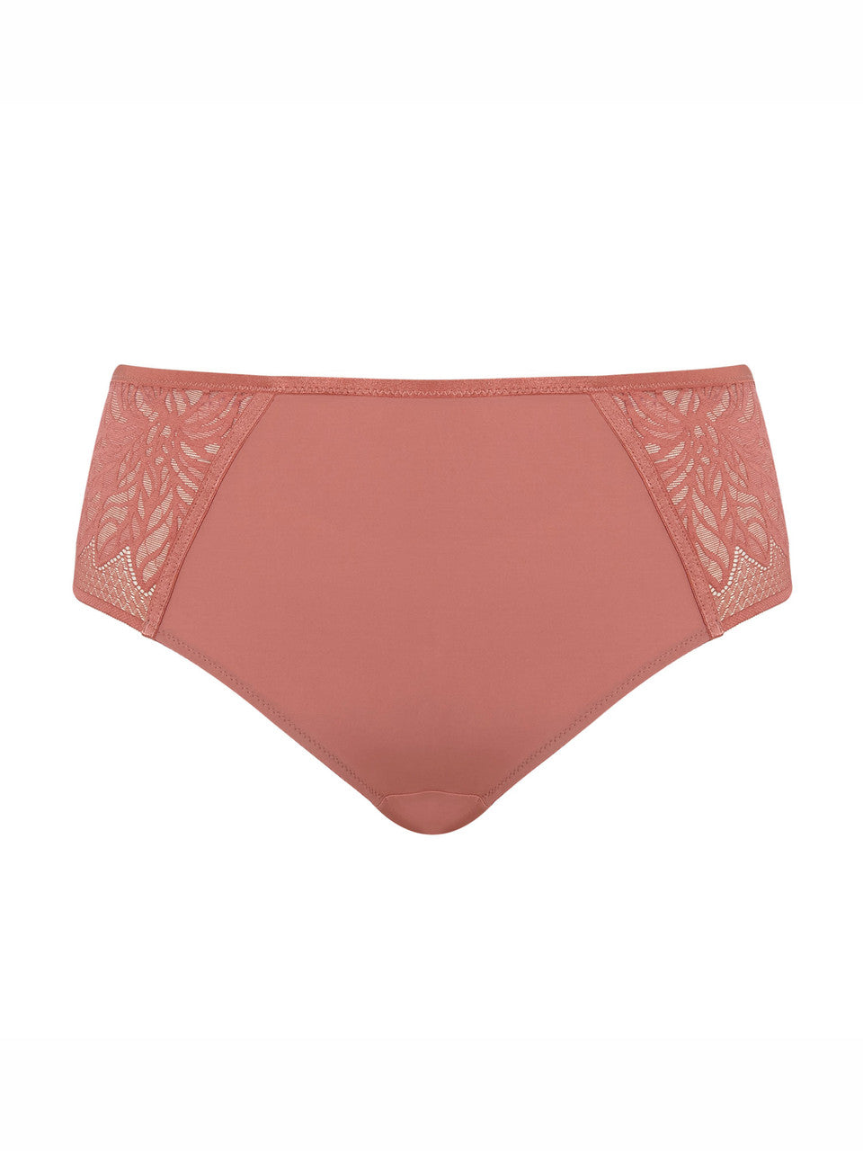 Sophia Deep Brief: rose-colored high-waisted briefs with floral lace trim