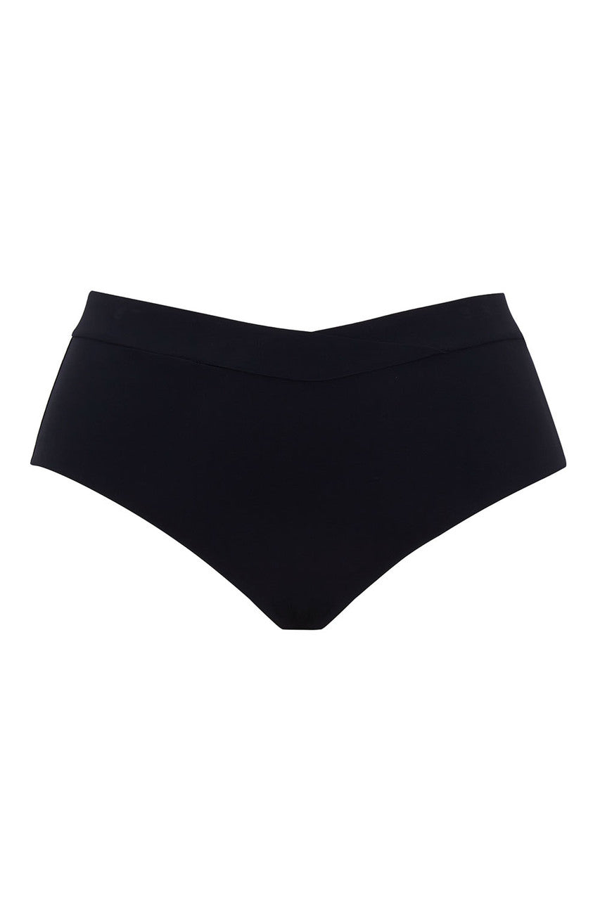 Black high-waisted body deep brief bikini bottom with smooth seamless fabric finish shown from the back side