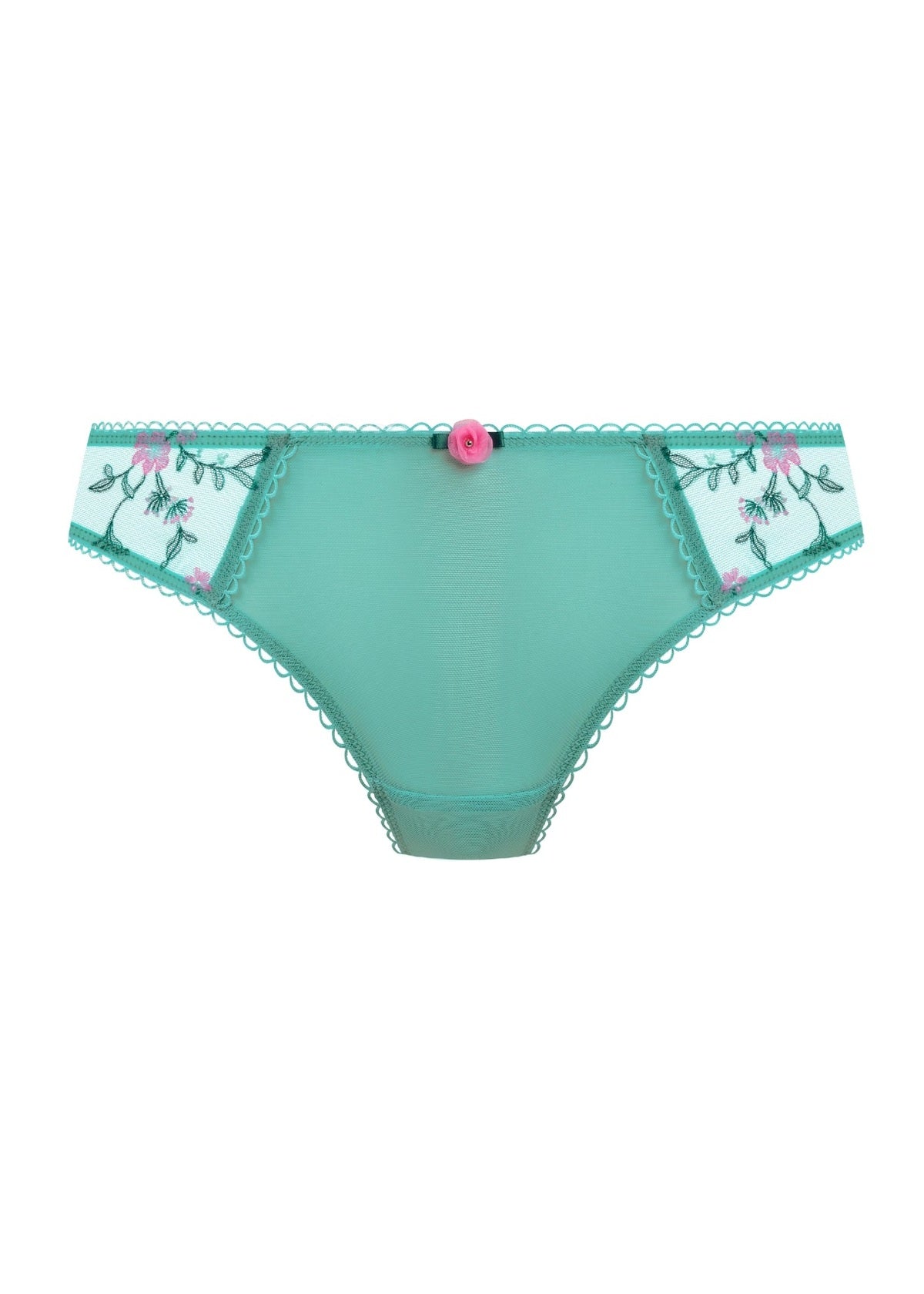 Love Crush thong teal lace-trimmed bikini briefs with pink floral embroidery and central rose accent front view