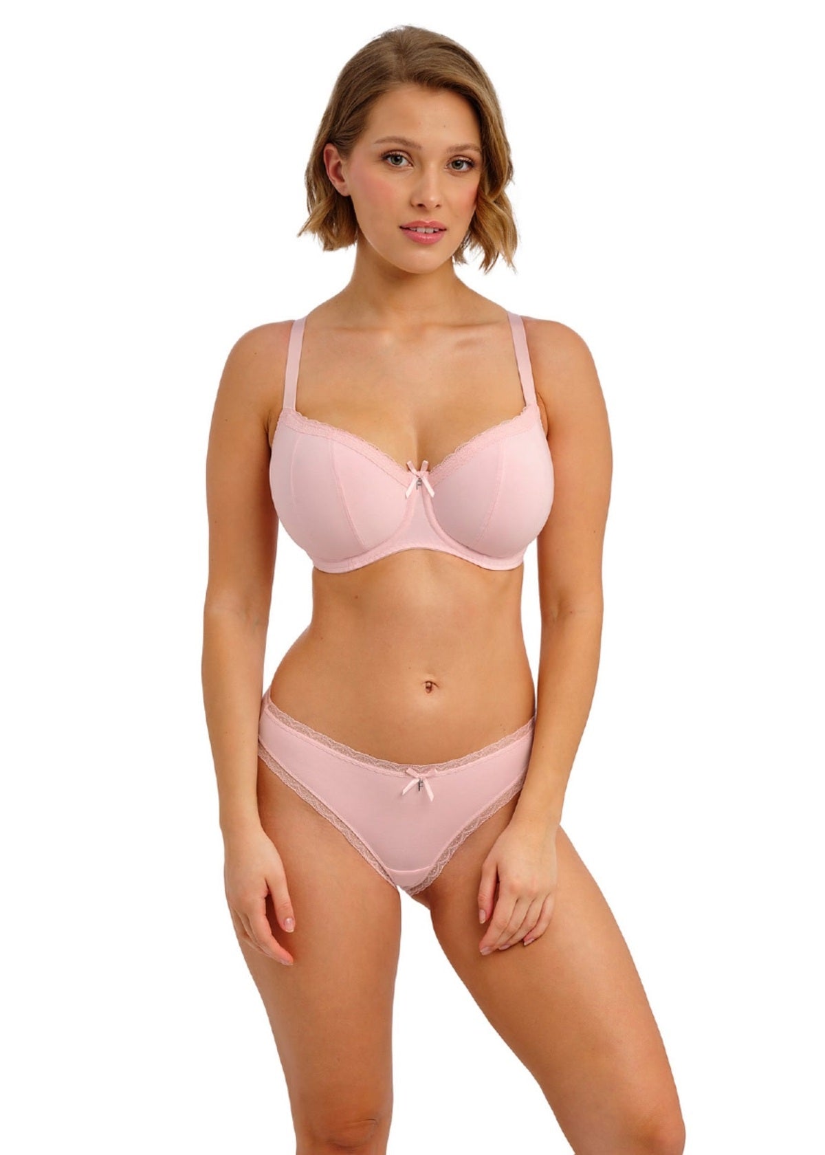 Freya Flirt padded half cup bra in pink satin with lace trim and bow