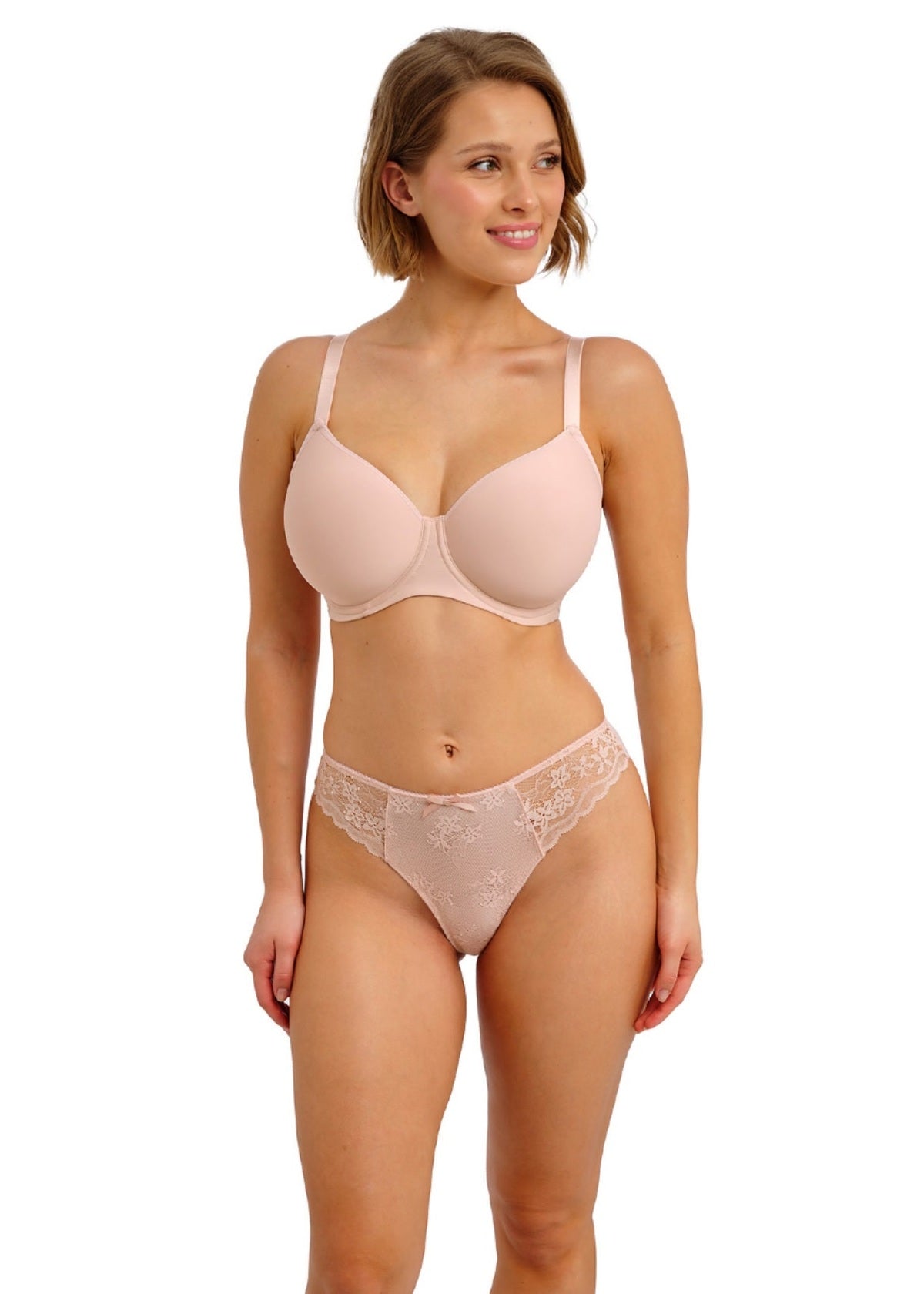 Essentially Smooth Bra: blush pink underwire bra with lace trim