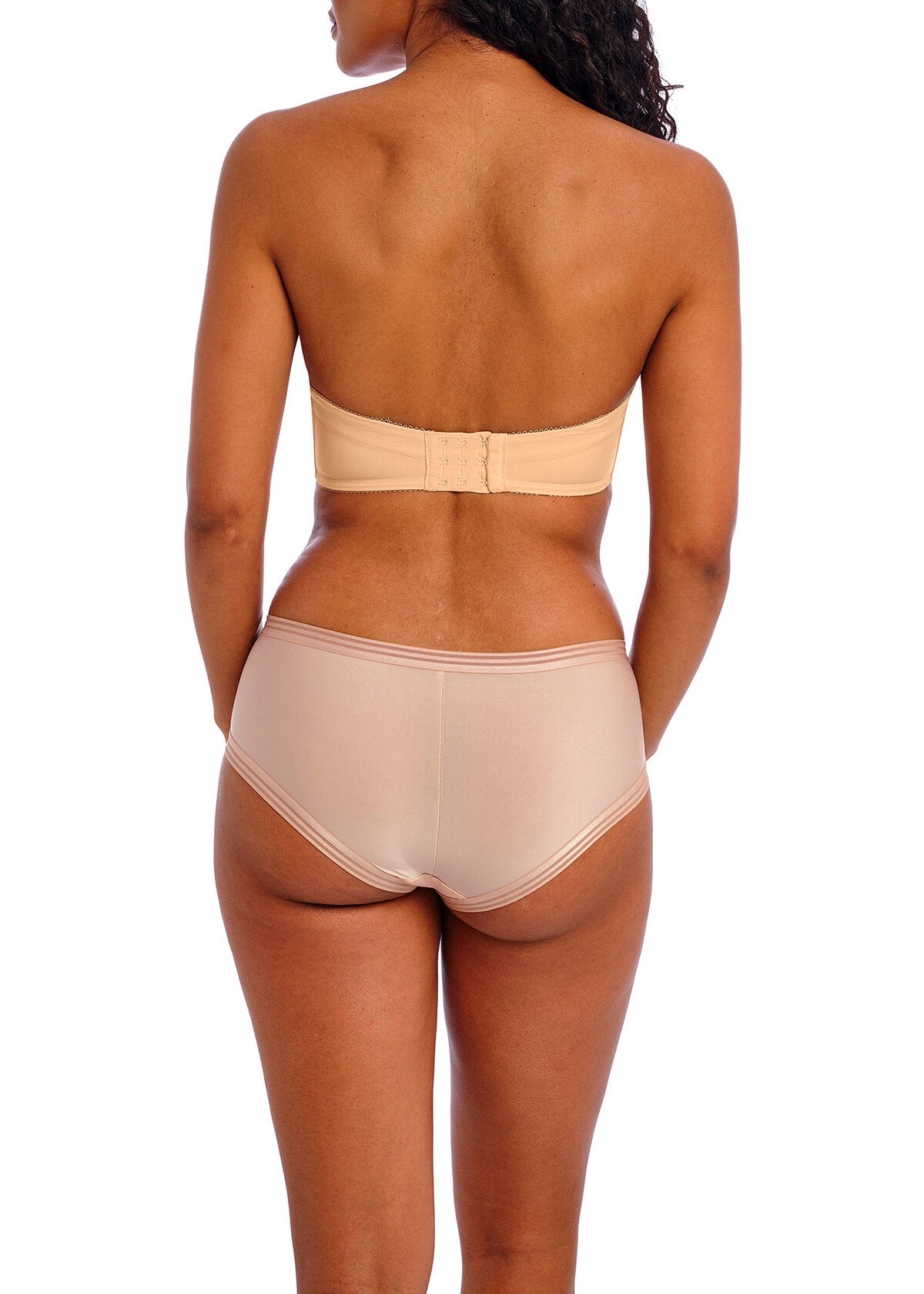 Beige deco moulded strapless bra and matching high-waisted briefs set in smooth supportive fabric