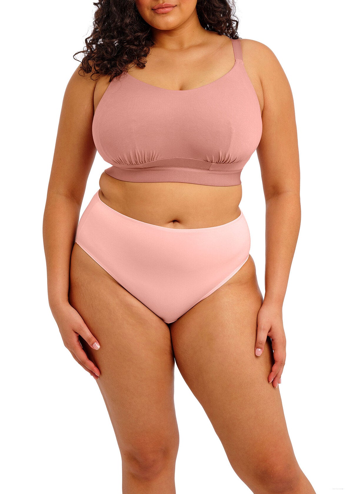 A soft blush pink downtime non wired bralette two-piece swimwear set with bandeau top and high-waisted briefs made from stretchy fabric