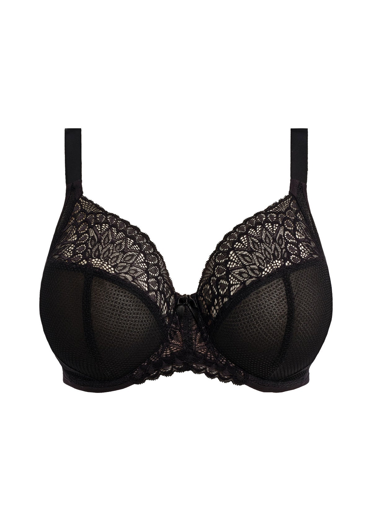 Black lace and mesh tiernie plunge bra with delicate floral patterns along the edges for elegant lingerie wear