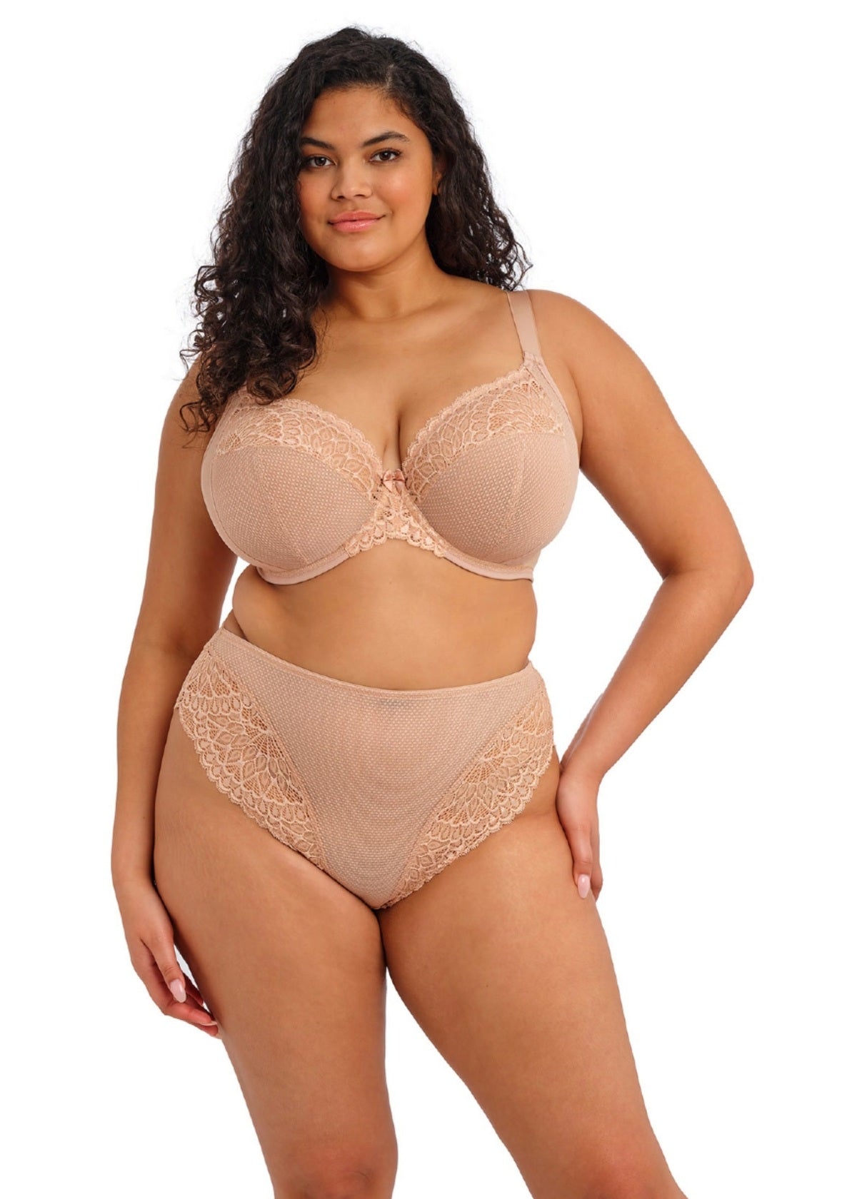 Beige lace-trimmed Tiernie plunge bra and matching high-waisted panties set in soft fabric for comfortable wear